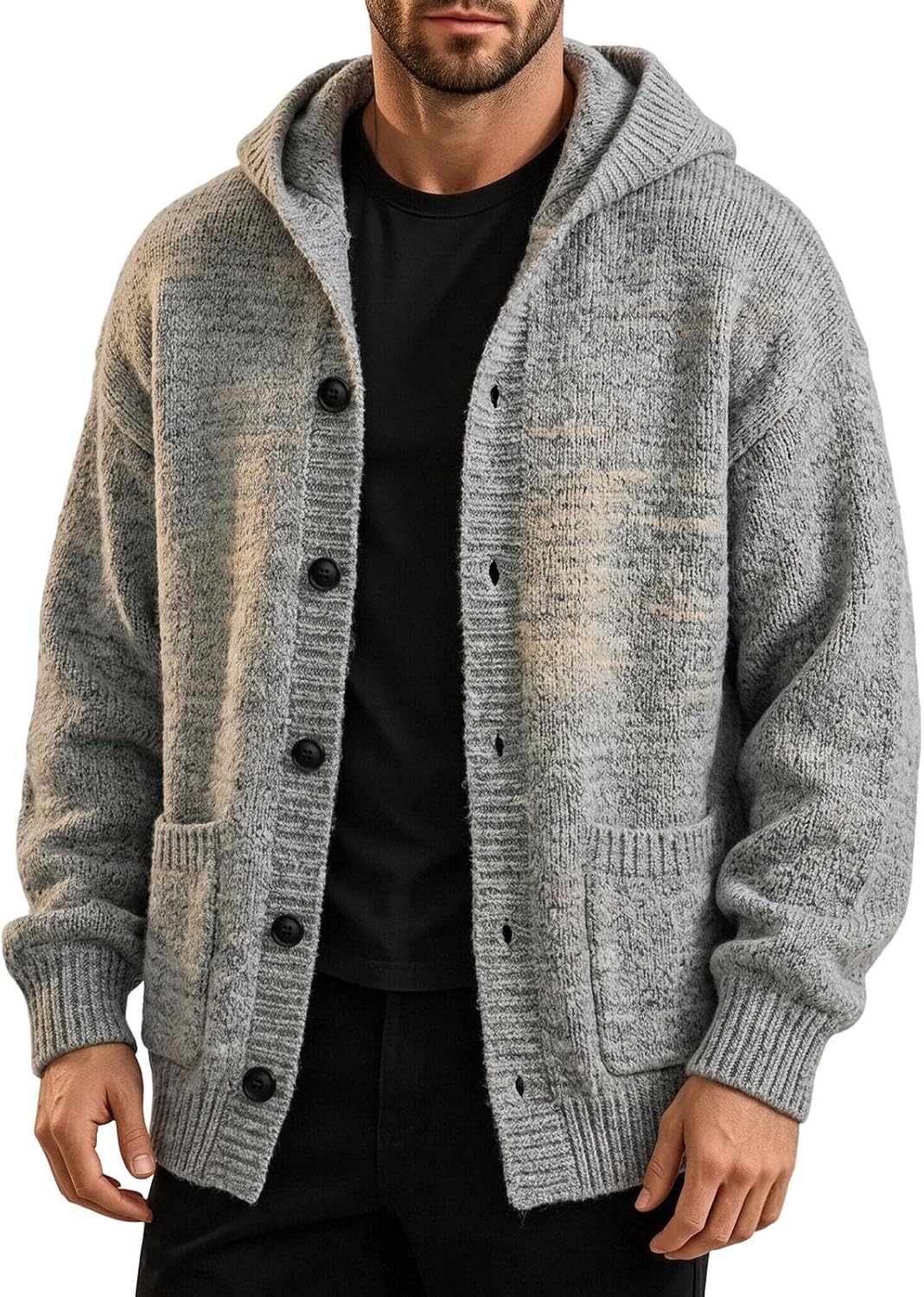 Men's Hooded Knit Cardigan Button Down Winter Warm Coat