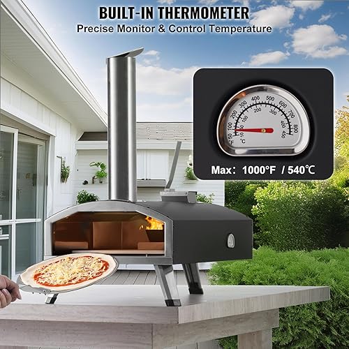 Miniatura 4 de VEVOR OUTDOOR - Horno de pizza de leña de 12 pulgadas, estufa de pizza de pellets con termómetro, máquina de pizza portátil para patio exterior,
