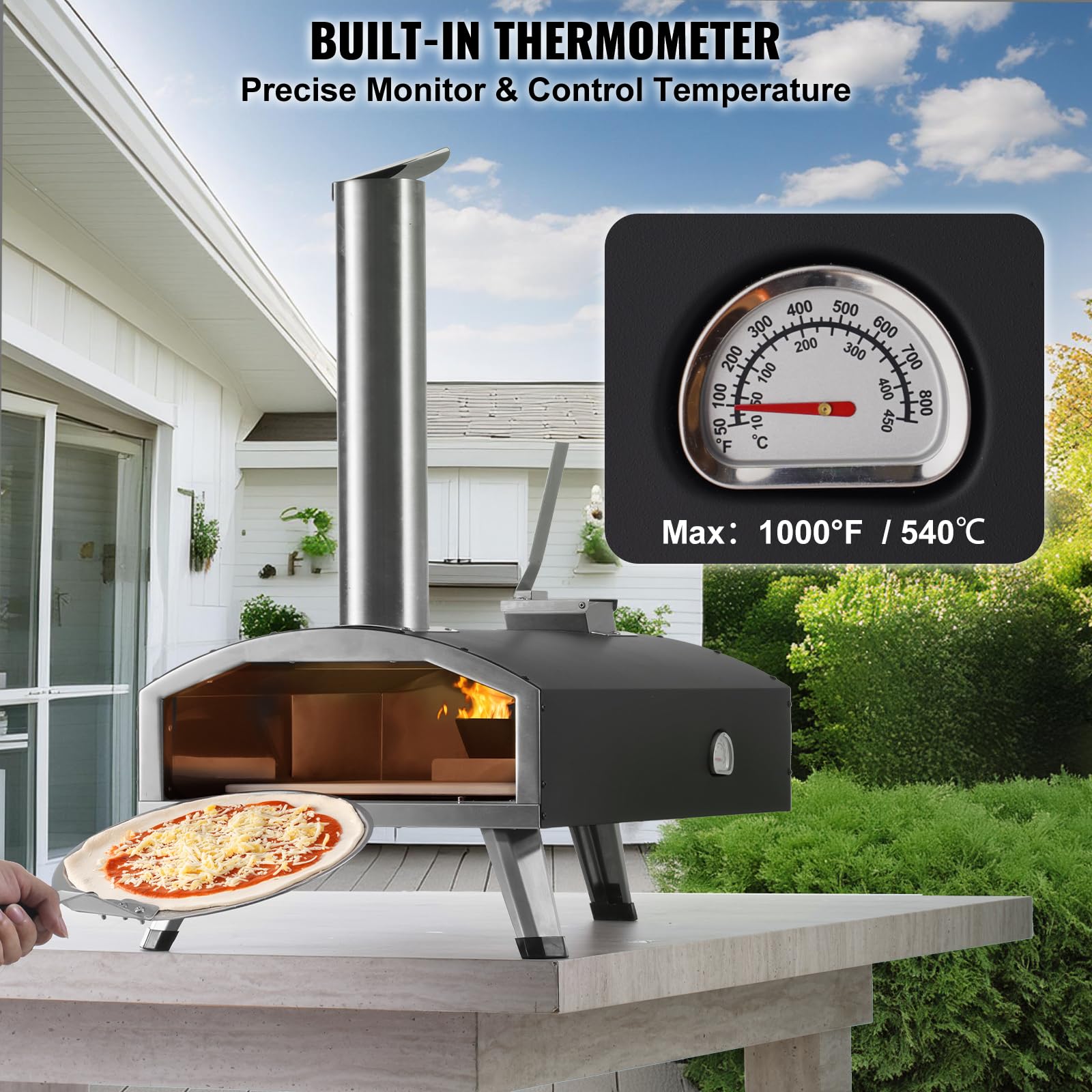 VEVOR Forno Portatile per Esterni 304 mm, Tri-Fuel Pellet Trucioli Carbone, Griglia Pizza con Pietra e Copertura, Nero