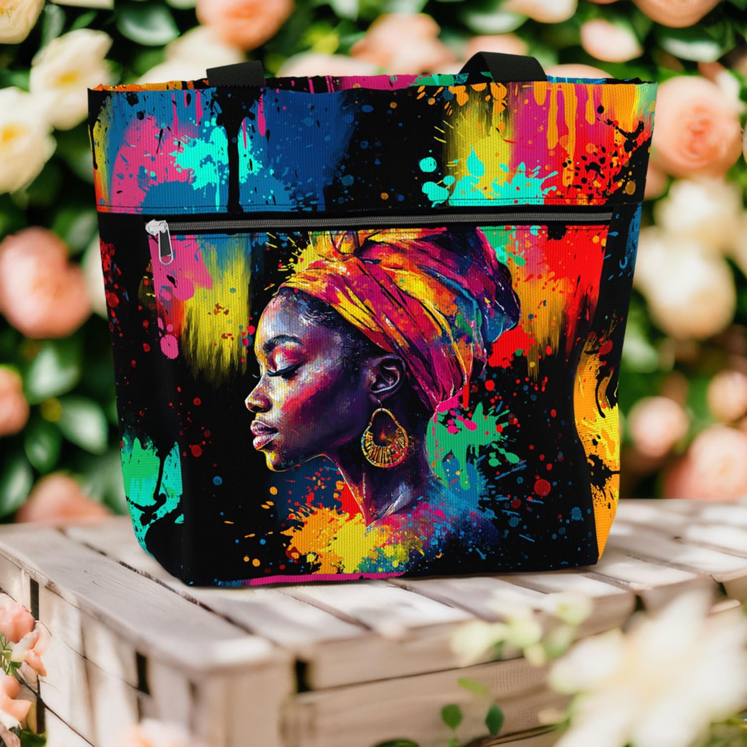 84hoods Large Waterproof Tote Bag with Pockets and Zipper. Shoulder Bag for Women. Africa Gift for African American.