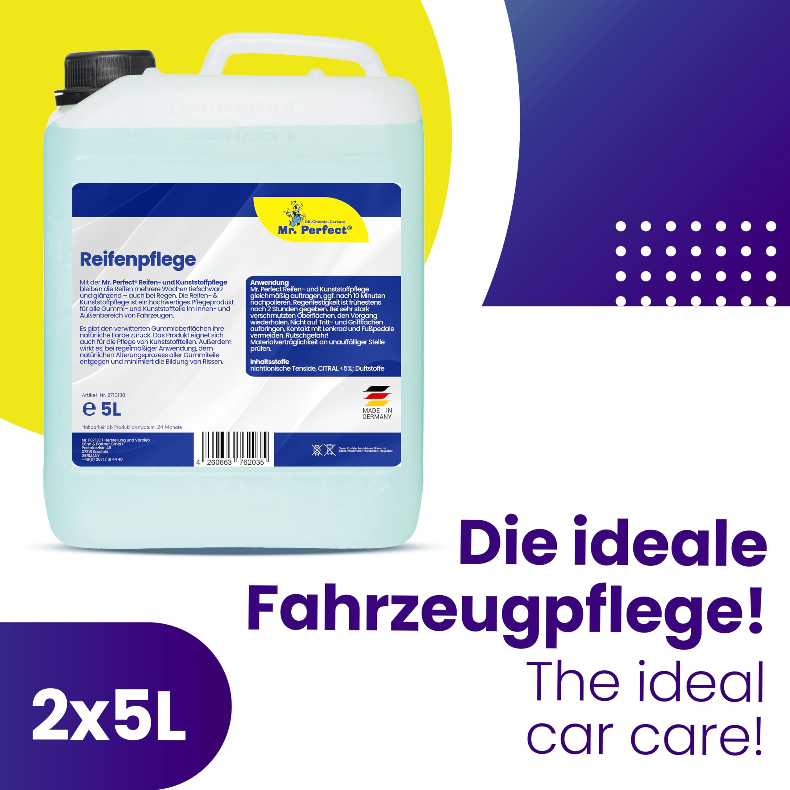 Mr. Perfect® 2x5L Reifenglanz - Auto Kunststoffpflege & Gummipflege für Außen - Schwarz - Reifenpflege für Reifenglanz - Autoreifen Pflege und Reifen Reiniger - Reifenschwarz Auto