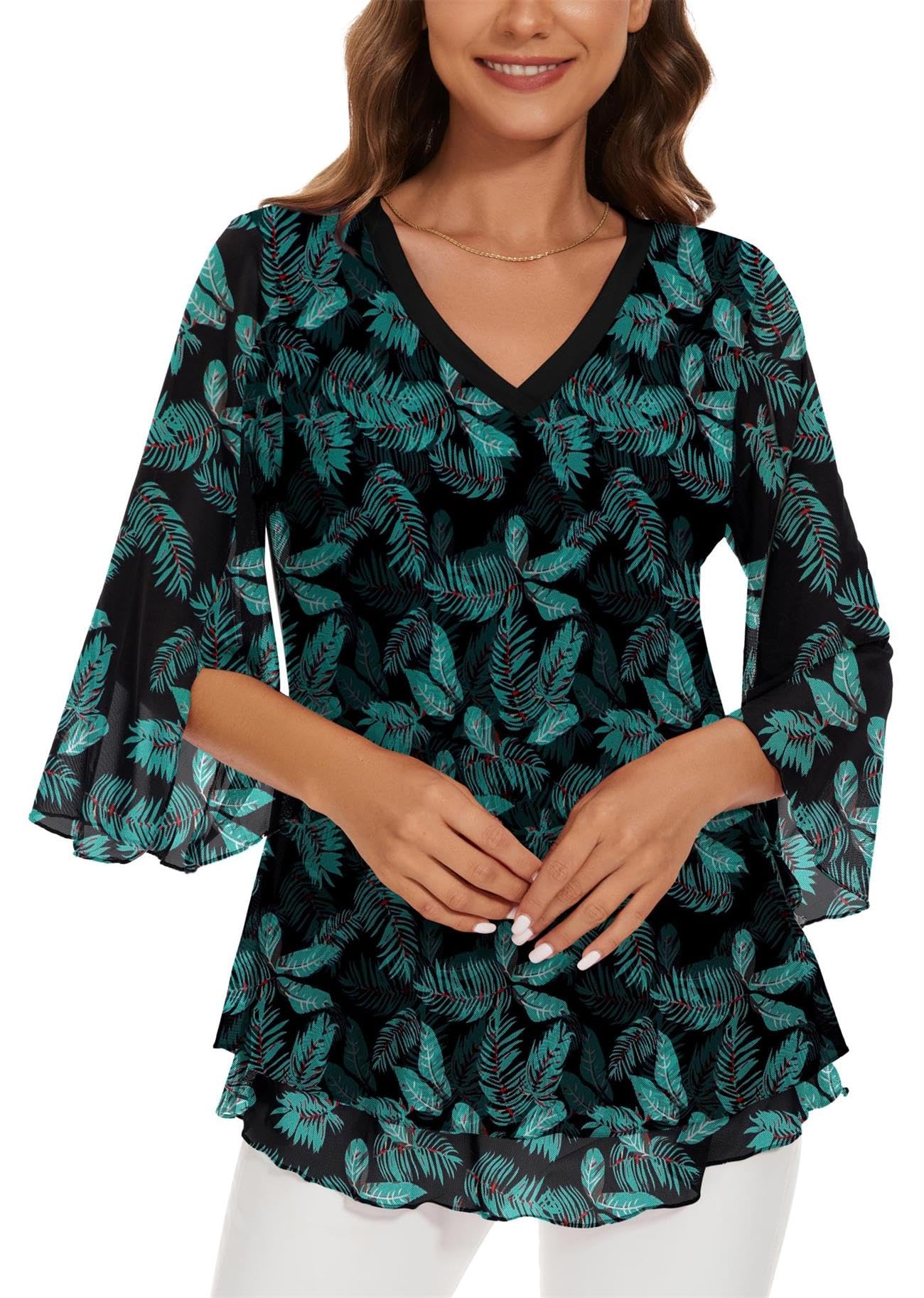 Actcat Damen Bluse Elegant 3/4 arm V-Ausschnitt Mesh Festliche Oberteil Blumen Doppellagige Tunika