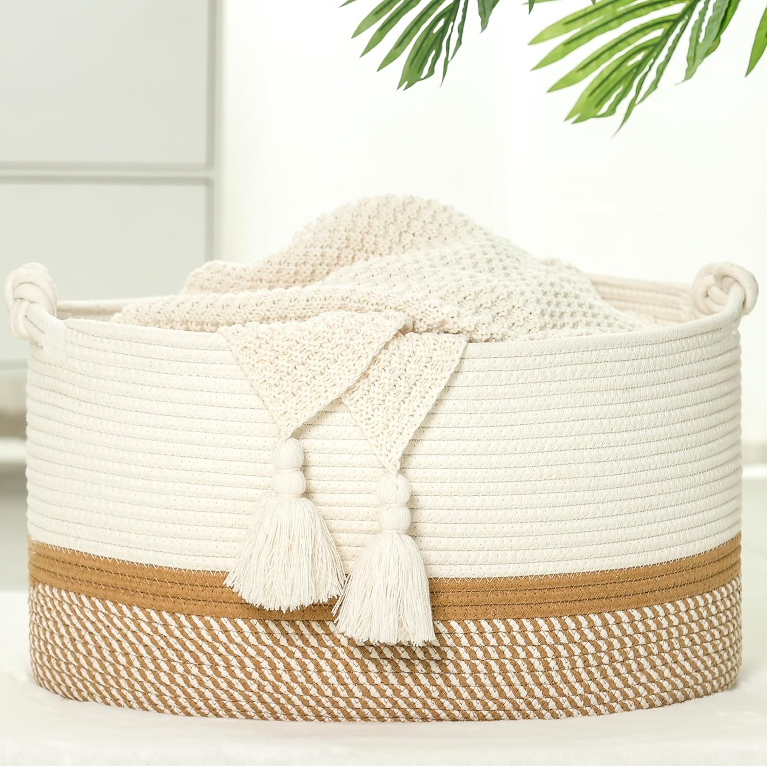 Large Woven Cotton Rope Basket for Storage, Blankets & Toys - 20'x13'x11', White/Brown