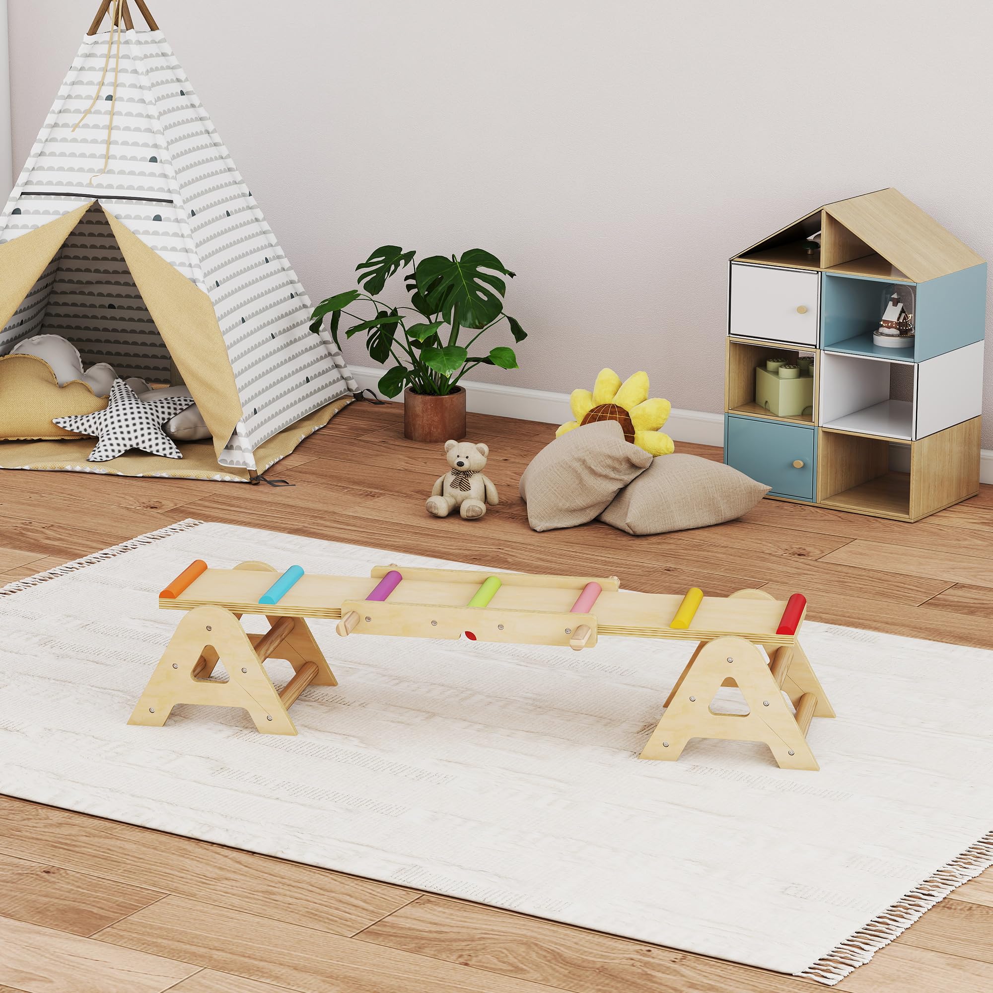 AIYAPLAY Balance Wippe Kinder, Schwebebalken aus Holz, Equilibrium Spielgeräte 133 x 38 x 24 cm