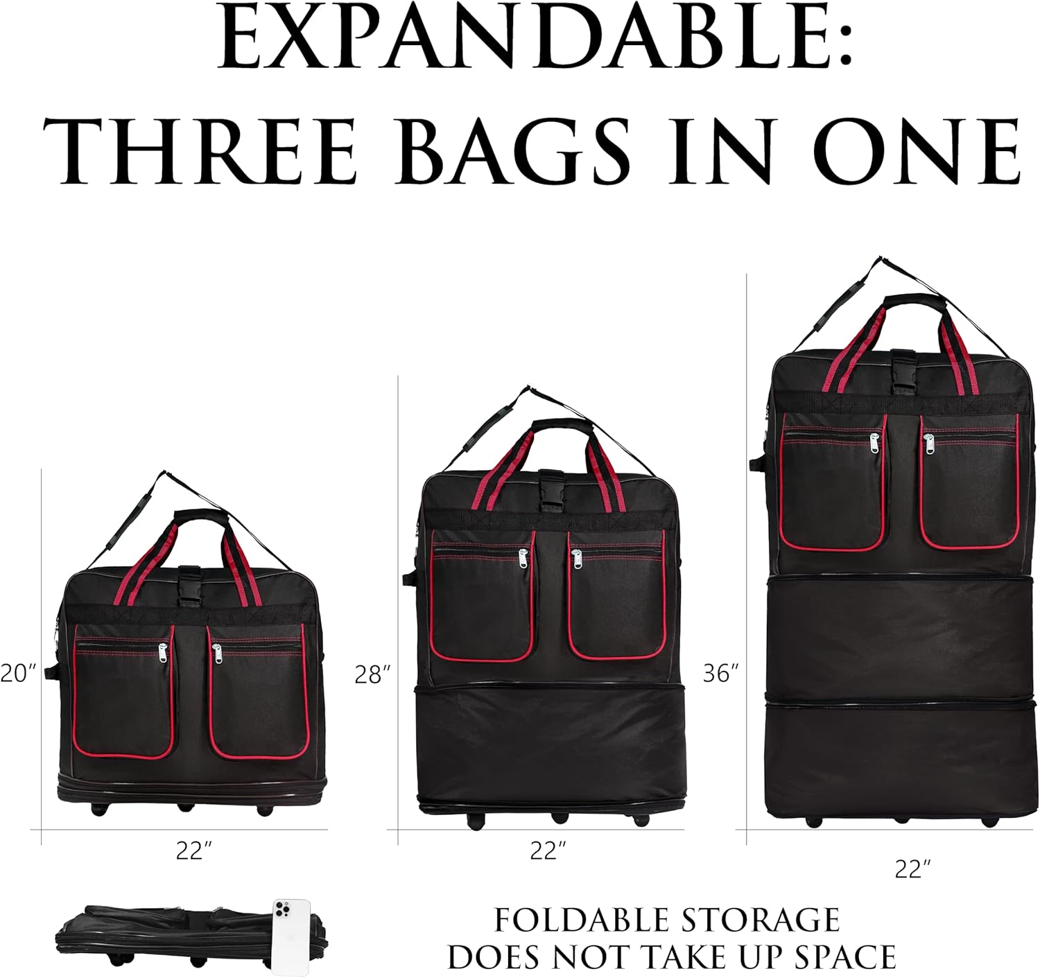 Generic Expandable Lightweight Duffle Bag (36"") Rolling wheeled Spinner Suitcase Luggage for Travel and Storage (Black with Red Trim), Wheelbag36