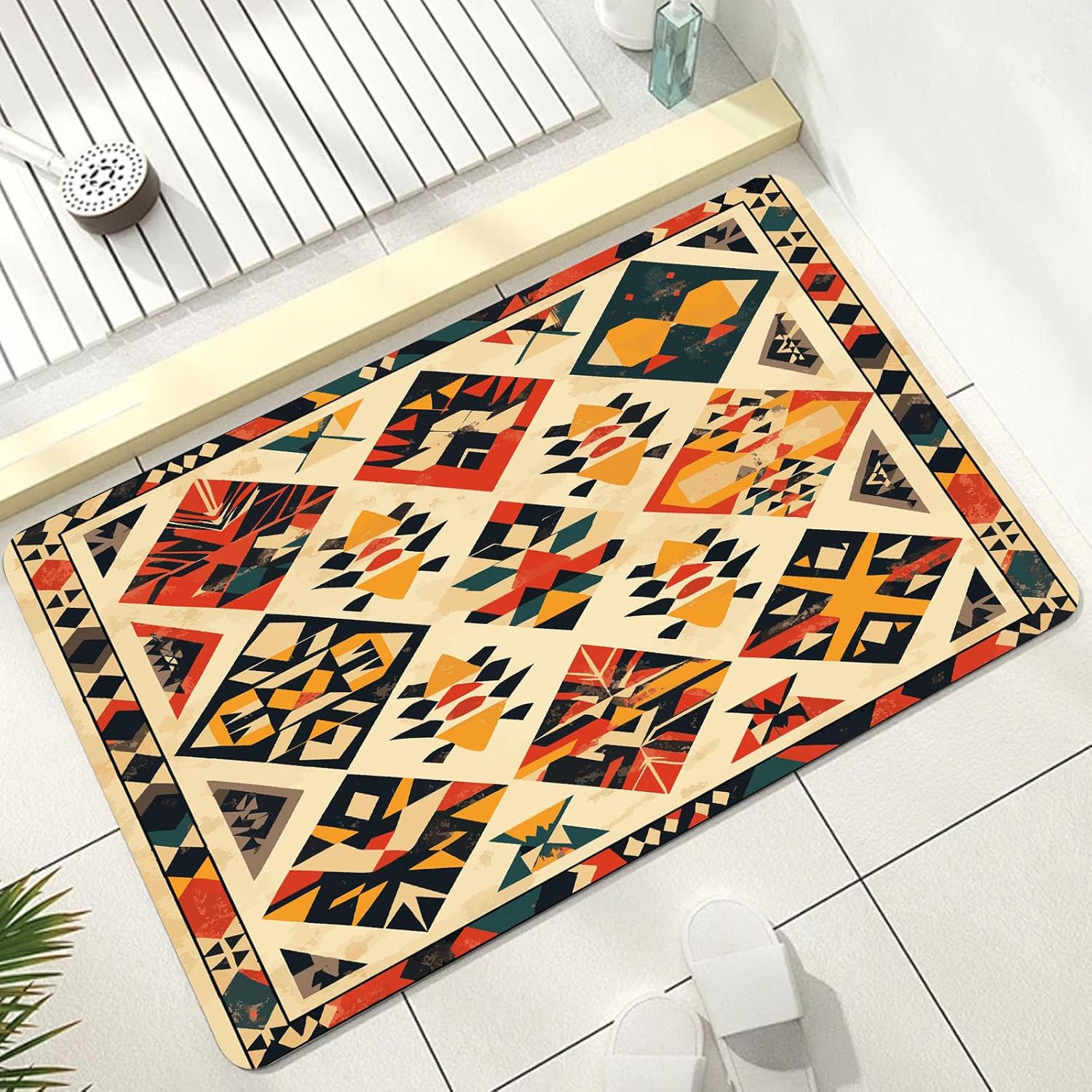 Tribal Geometric Bath Mats for Bathroom Native American Shower Mat Non Slip Quick Dry Southwestern Aztec Bathmat Diatomaceous