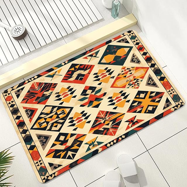 Tribal Geometric Bath Mats for Bathroom Native American Shower Mat Non Slip Quick Dry Southwestern Aztec Bathmat Diatomaceous