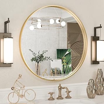 TokeShimi Brushed Gold Round Mirror 24" Gold Round Vanity Bathroom Mirror Wall Aluminum Alloy Matte Metal Frame Modern Gold Circle Mirror Fits Minimalist Multi Style Home Decor