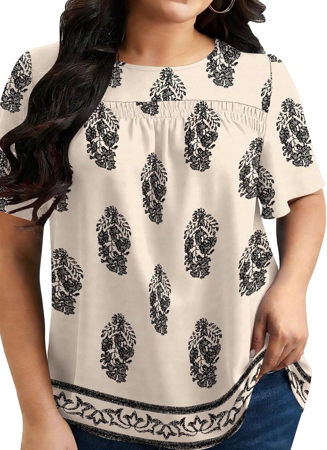 Micoson Womens Plus Size Tops Short Sleeve Dressy Chiffon Blouses Crewneck Shirts Loose Flowy Pleated Tunic