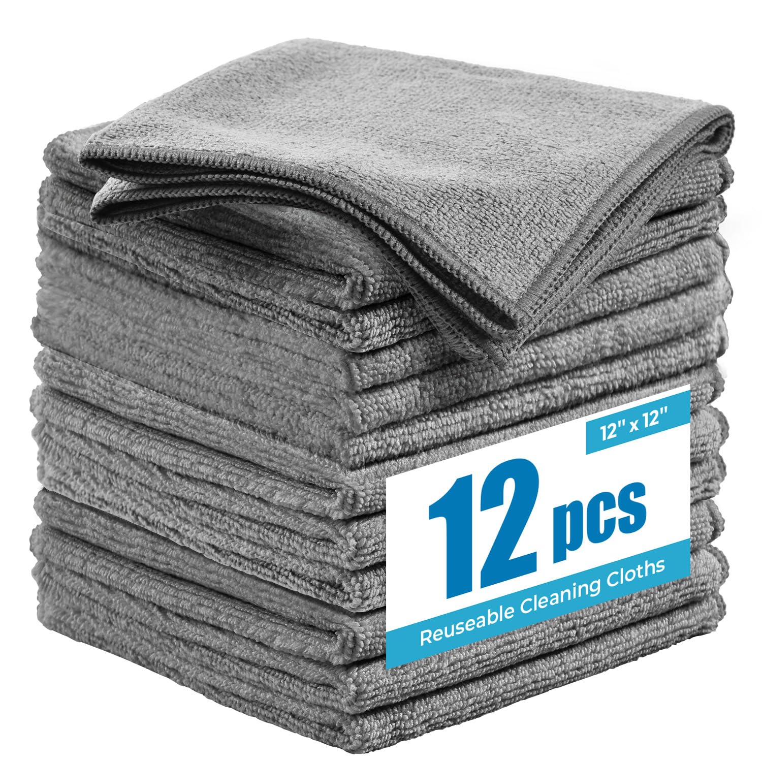 Microfiber Cleaning Cloth 12X12 12 Pack Grey Lint Free Microfiber Towels for Cars-Extra Thick Streak-Free Fast Absorbent -