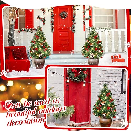 Miniatura 5 de Juego de 6 árboles de Navidad preiluminados de 24.5 pulgadas, funciona con pilas, decoración navideña al aire libre con 30 luces LED, bayas rojas,