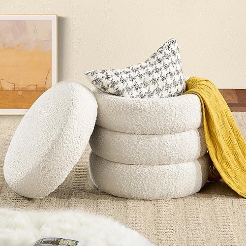 Otomana Redonda con Almacenamiento para Sala de Estar Pequeño Taburete de Bouclé Reposapiés Moderno Tapizado Taburete de Tocador Otomana Reposapiés