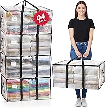 Extra Large Heavy Duty Moving Bags Extra Large Strong Clear Storage Bags with Zips Pack of 4, Reinforced Handles & Backpack Straps - 90L Foldable Waterproof Moving Totes for Clothes