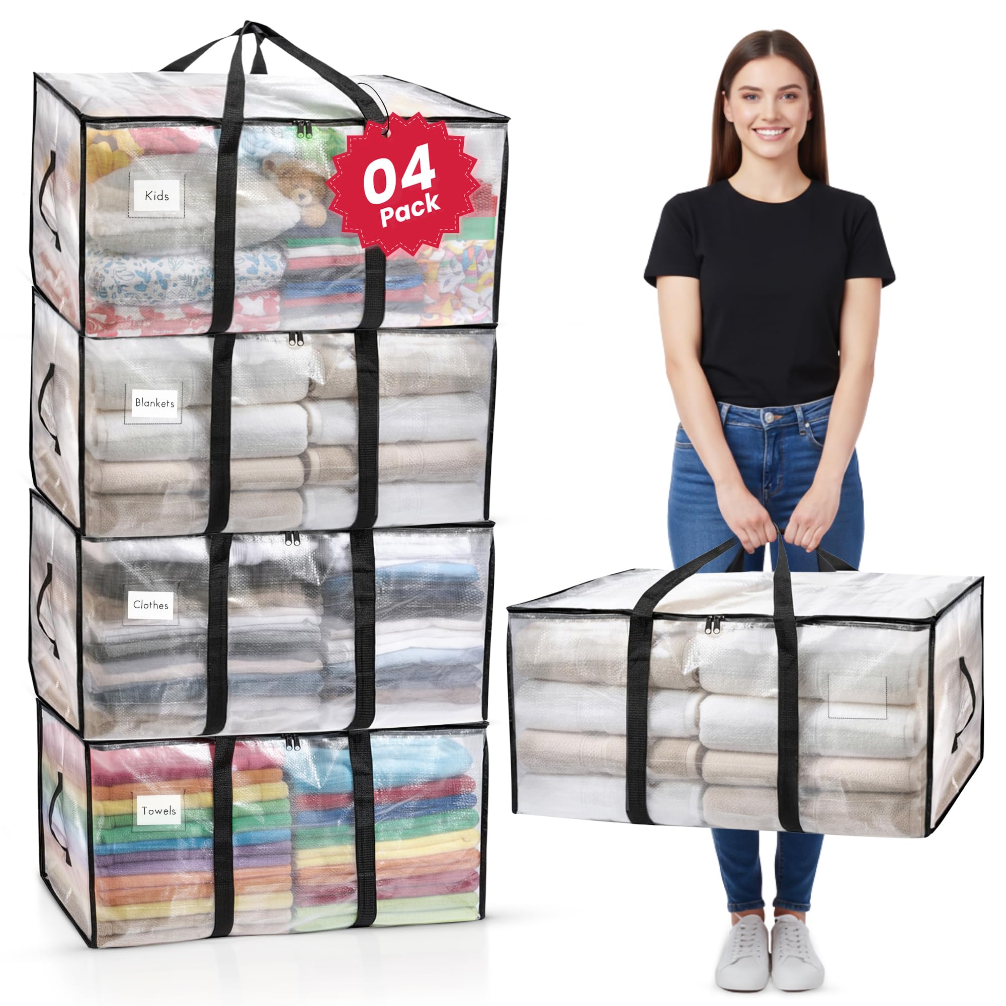 Homxters Extra Large Heavy Duty Moving Bags Extra Large Strong Clear Storage Bags with Zips Pack of 4, Reinforced Handles & Backpack Straps - 90L Foldable Waterproof Moving Totes for Clothes