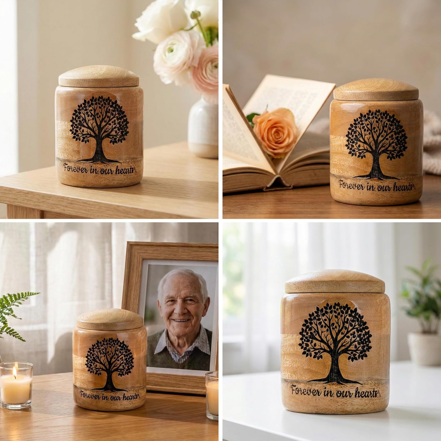Small Wooden Cremation Urn for Ashes – 20 Cubic Inch Tree of Life Engraved Keepsake Urn, Natural Wood, Memorial for Pet or Small Remains