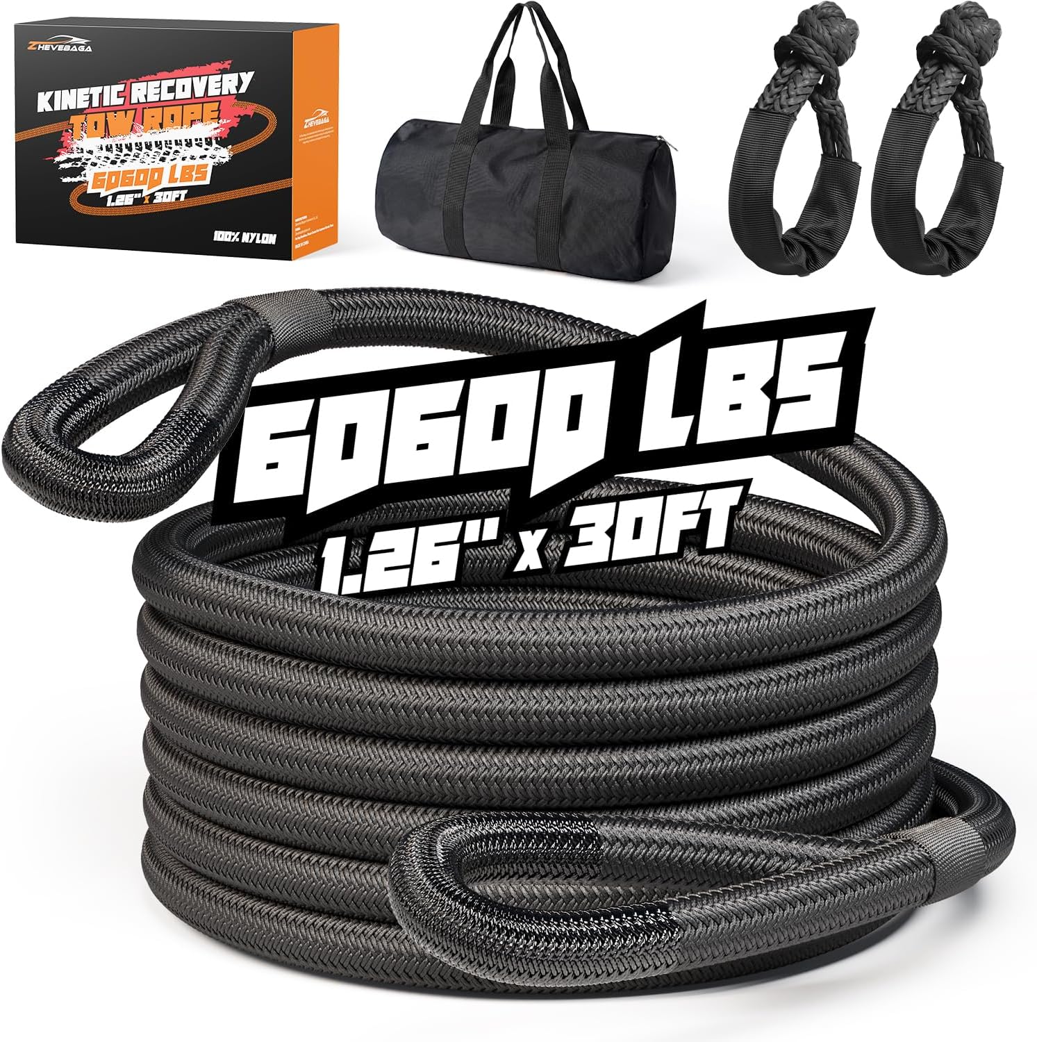 Kinetic Recovery Rope,1.26" x30ft Heavy Duty Offroad Tow Rope/60600 lbs Snatch Strap with Soft Shackles, 100% Nylon Offroad Towing Straps Kit for Truck ATV UTV SUV Jeep Car Tractor - Black