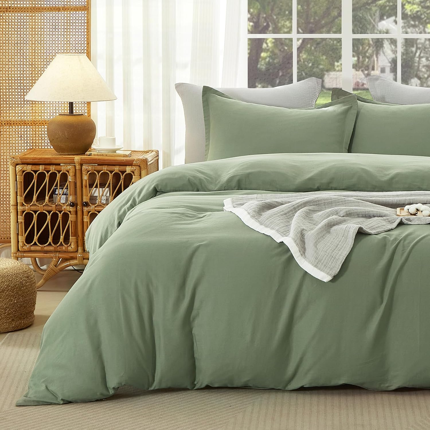 SE SOFTEXLY Muslin Duvet Cover King Size,Plain Weave 100% Cotton Duvet Cover Set, Ultra Soft Comforter Cover Linen Like, 3 Pieces Minimalist Gauze Duvet Cover with 2 Pillowcases, 90"x104", Sage Green
