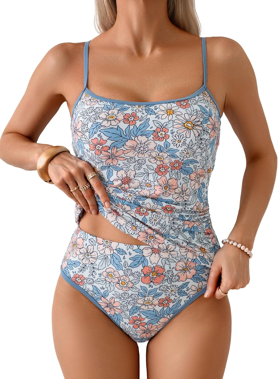 Eomenie Women's Tankini Swimsuits Two Piece Tummy Control Bathing Suit Color Block Slim Swimwear with High Waisted Bottom