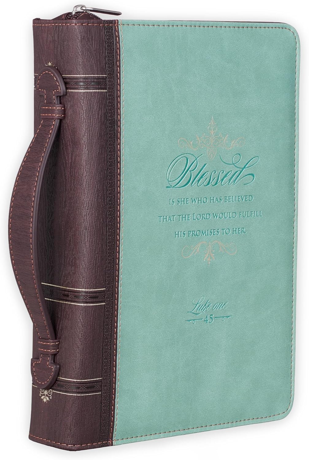 Christian Art Gifts Women's Fashion Bible Cover Blessed is She Luke 1:45, Light Blue/Gold/Brown Faux Leather, XL