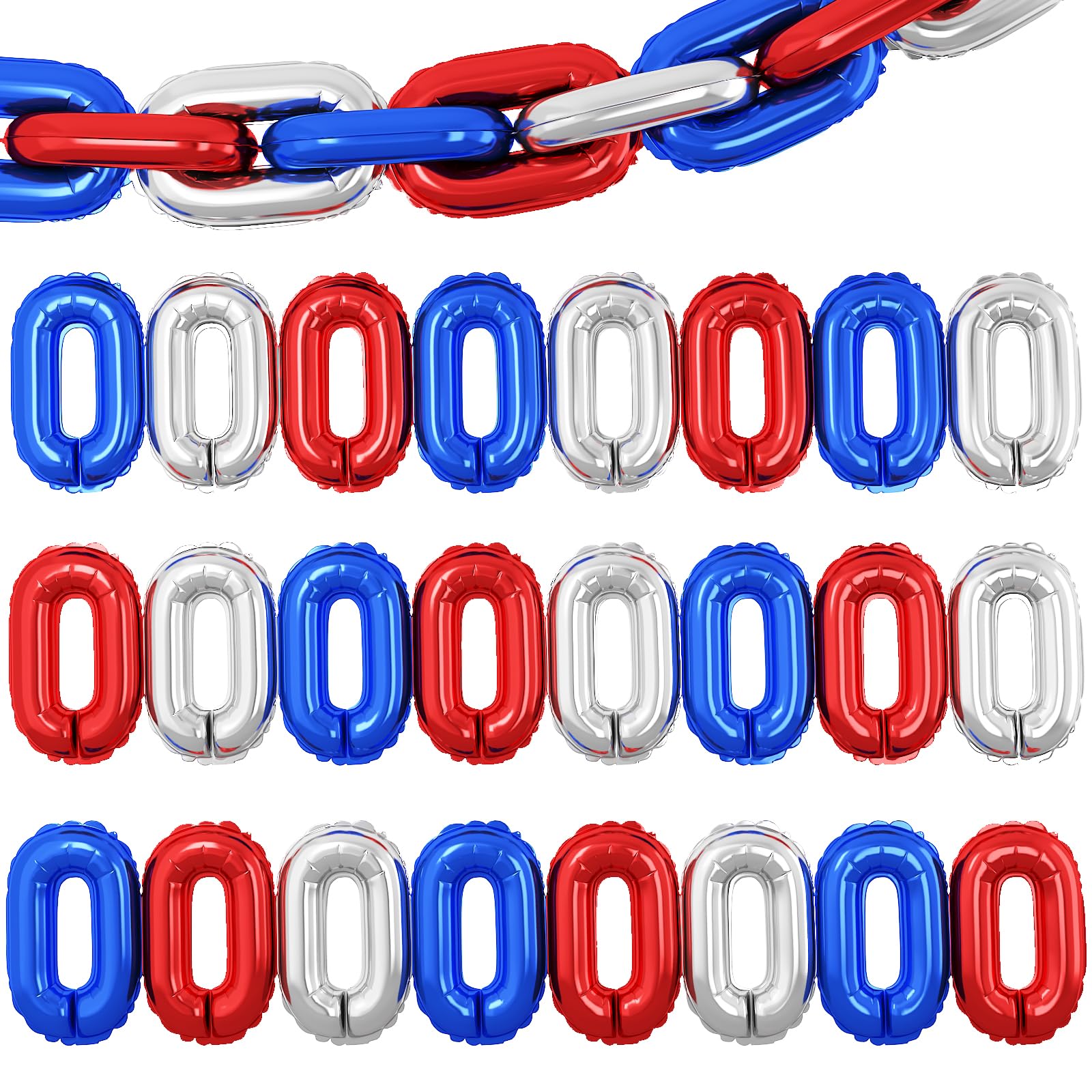 Blue Red Silver Chain Balloons,24PCS Giant Chain Foil Balloons Garland for Retro 80s 90s Hip Hop Party Decorations