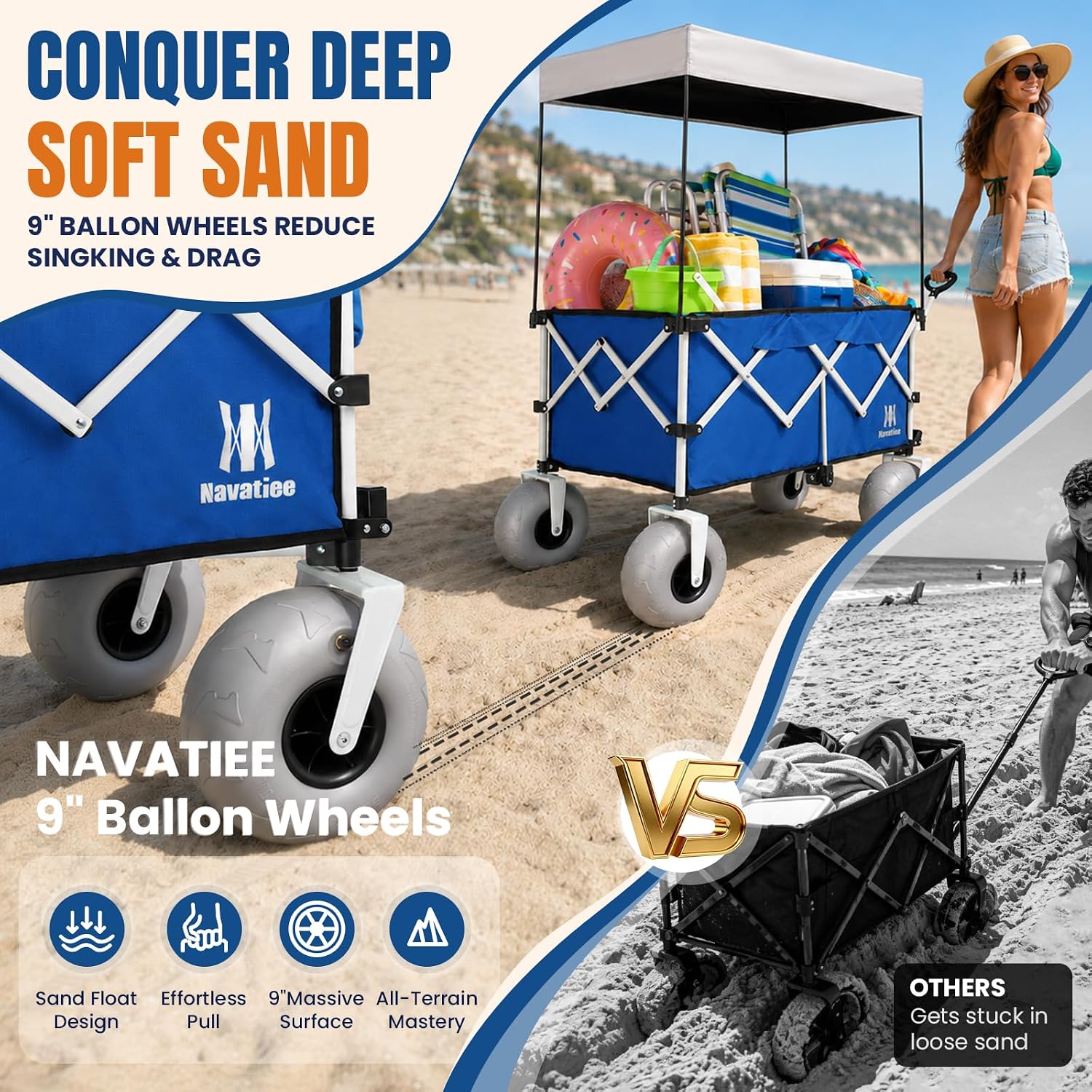 Navatiee Beach Wagon with Big Balloon Wheels for Sand, 200L Extra Large Beach Cart with Canopy, 440Lbs Heavy Duty Folding Wagon Collapsible with 9" Tires & Side Pocket for Beach, Outdoor, Blue thumbnail