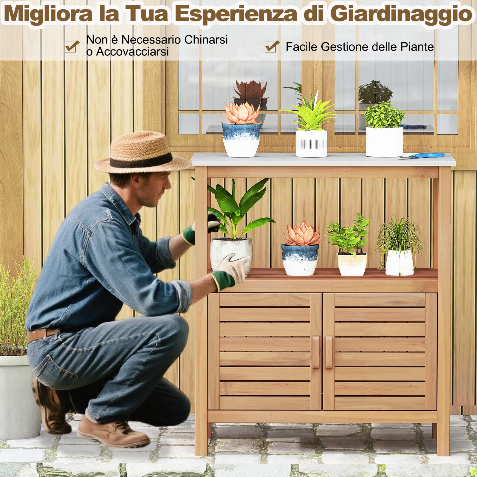 COSTWAY Armadio da Esterno Impermeabile in Legno di Acacia, Mobile Esterno Balcone con Piano di Lavoro in Resina, 2 Ante Persiana e Ripiano Aperto, per Piante e Attrezzi, Naturale, 80 x 40 x 90,5 cm