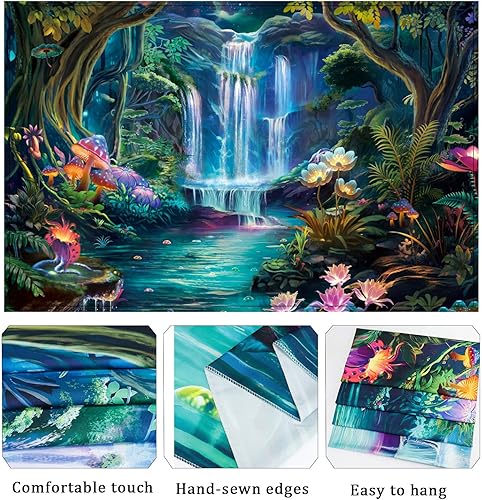 Miniatura 4 de Generleo Tapiz de bosque con diseño de hongos, flores, galaxia, cascada, colorido, floral, plantas, tapiz de pared, tapiz estético de fantasía,