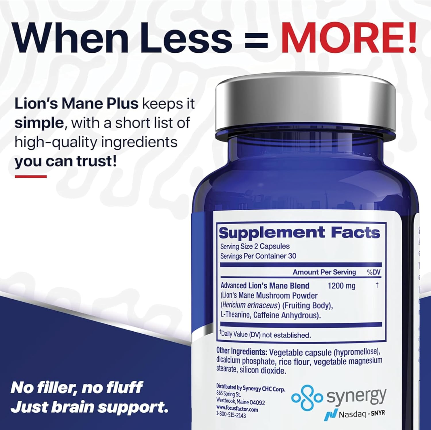 Focus Factor Lions Mane Plus, Advanced Nootropic with L-Theanine, Caffeine, Focus and Energy (60 Count) (Pack of 2)