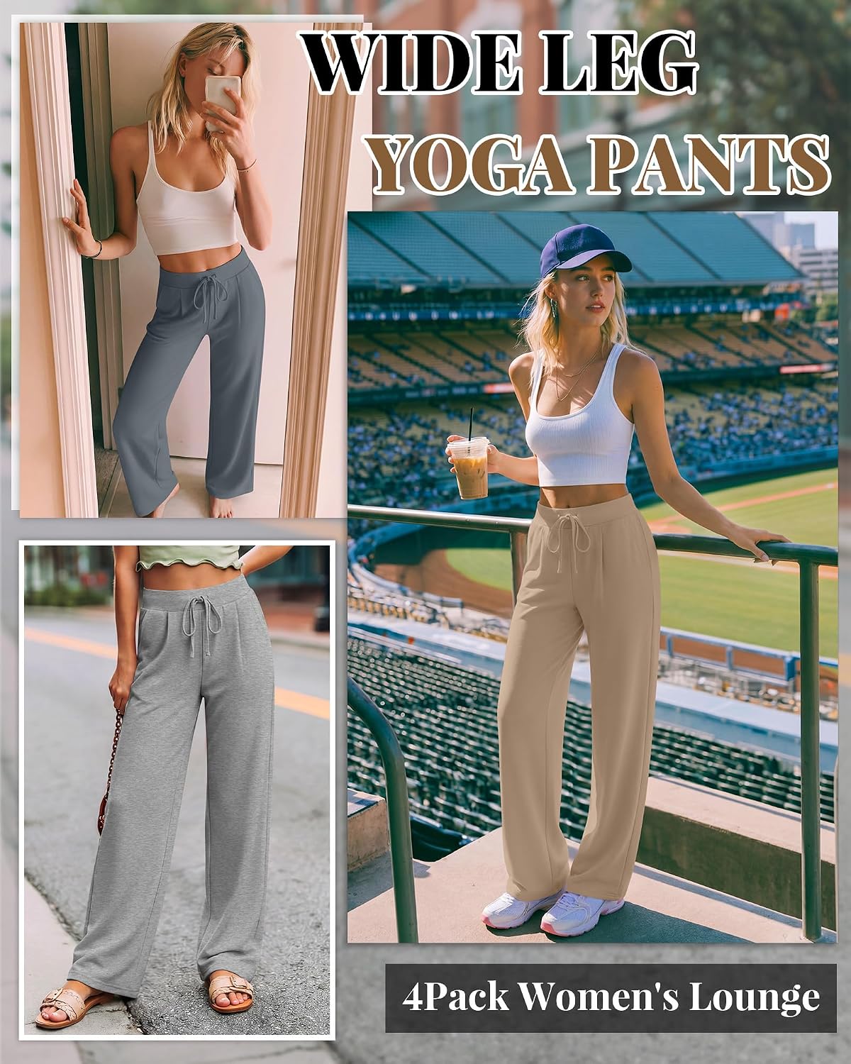 4 Pack Women's Lounge Pants Wide Leg Yoga Pants with Pockets Drawstring Workout Sweatpants Casual Jogger Multipack