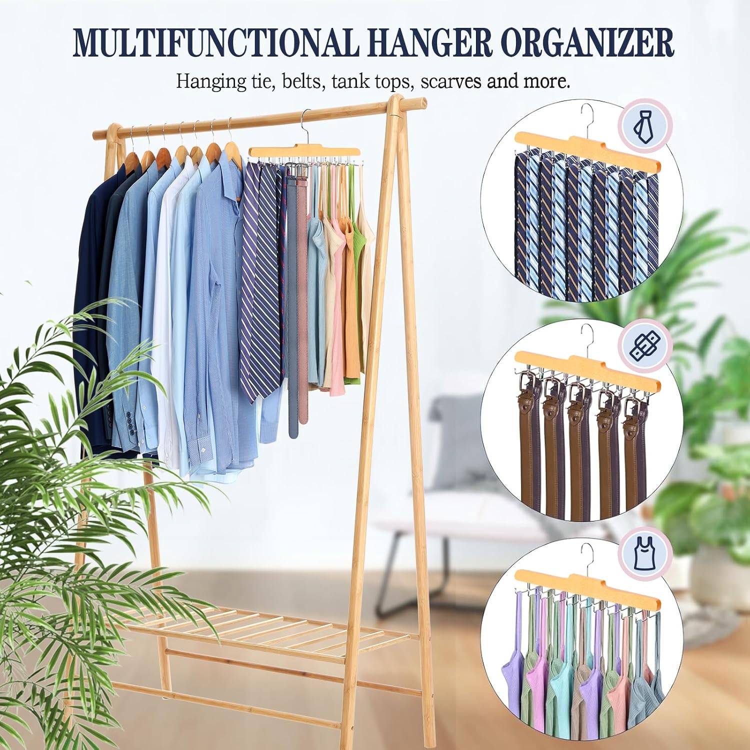 Tie Rack Hanger for Closet, Upgraded Tie Holder Organizer for Men, Wooden