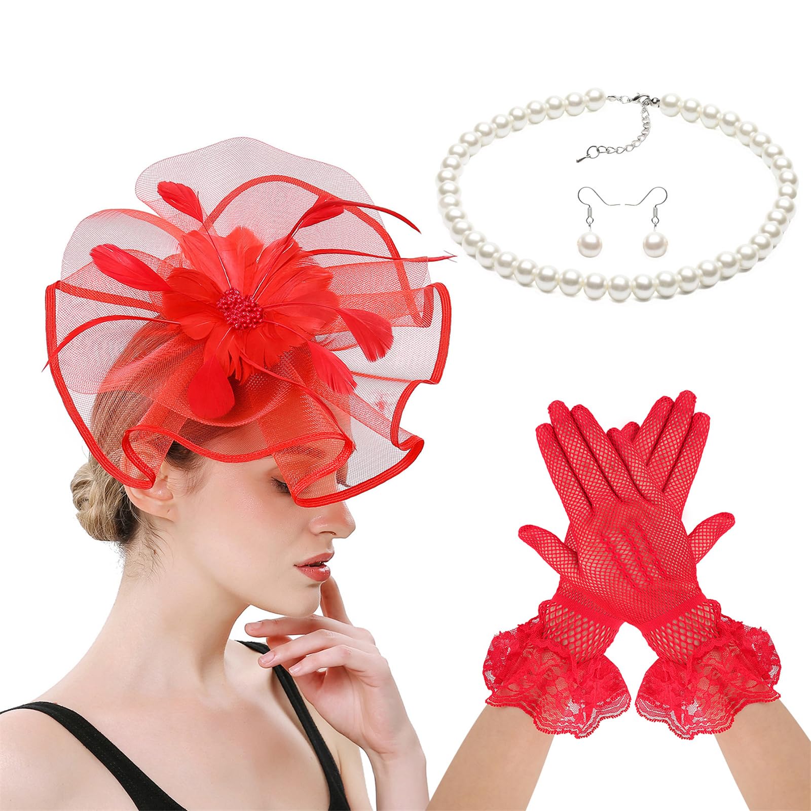 YUXITA Lace Feathered Flower Fascinator Headwear Necklace Gloves Set for Women Horse Racing Festival Headpiece Hair Accessories