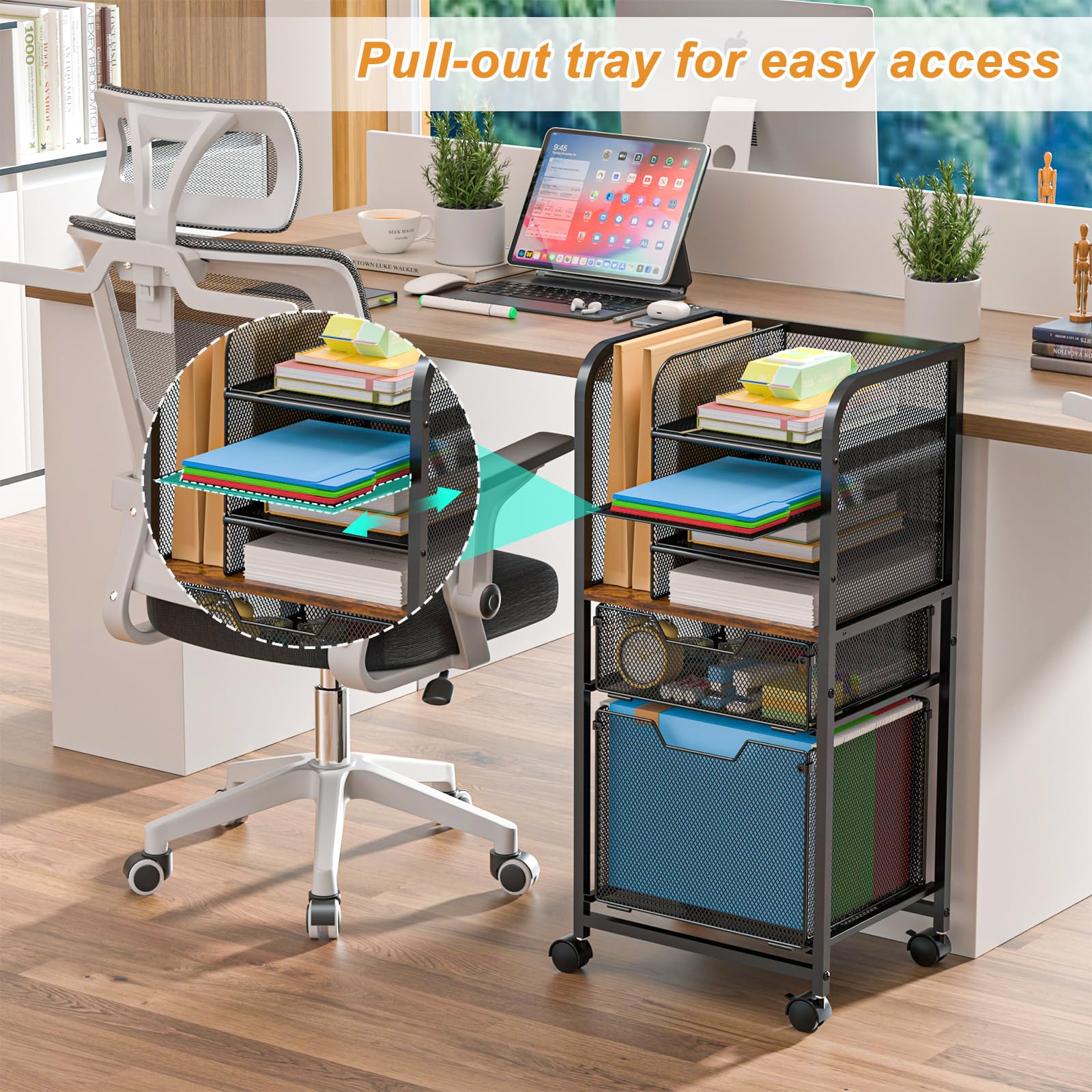 Carrello portadocumenti a 6 ripiani con 2 cassetti, organizer per cartelle sospese, archiviazione file formato lettera con ruote, armadietto mobile multistrato per ufficio e casa
