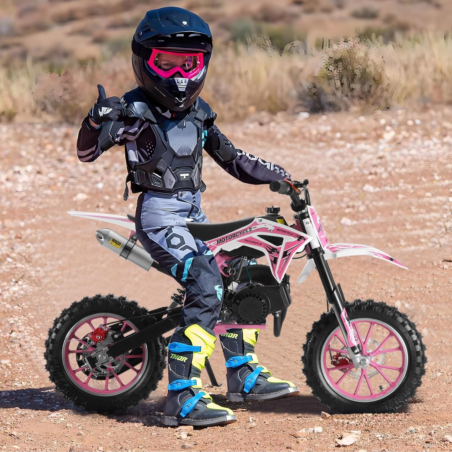 Honrane 49cc Dirt Bike for Kids, 2-Stroke Gas Dirt Bike, Gas Power Motocross Bike, Upgraded Gas Motorbike, Off Road Mini Motorcycle, Pocket Motorbike with Front Rear Disc Brakes, Max Speed 40KM/H Pink