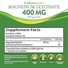 California Essentials Magnesium Glycinate 400 - Chelated, High Absorption Elemental Magnesium for Muscle Relief, Bone & Heart Support -Vegan, Non-GMO, Gluten-Free (360 Counts (Pack of 1))