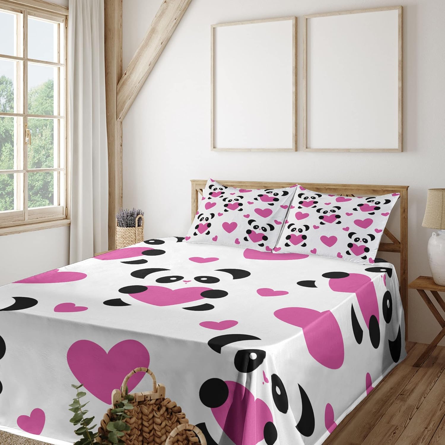 Ambesonne Love Sheet Set, Day of Love Pandas and Hearts Cartoon Cheerful Wildlife Fun Art, Fitted and Flat Sheet with Pillowcases Bedding Accent 4 Piece Set, Queen, Fuchsia White