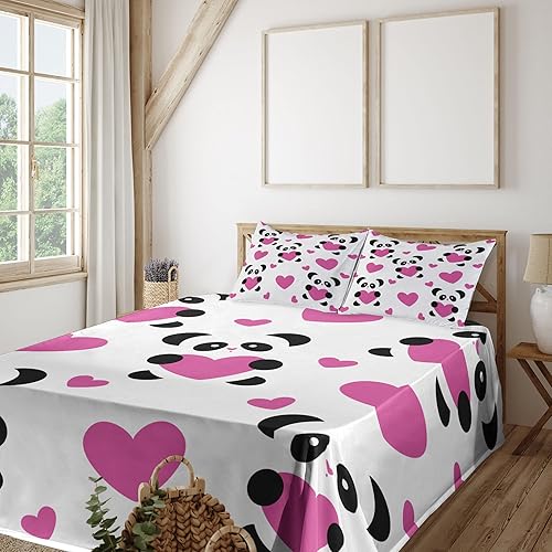 Ambesonne Juego de sábanas de amor, pandas y corazones de dibujos animados alegre, vida silvestre divertida, sábana bajera y sábana encimera con