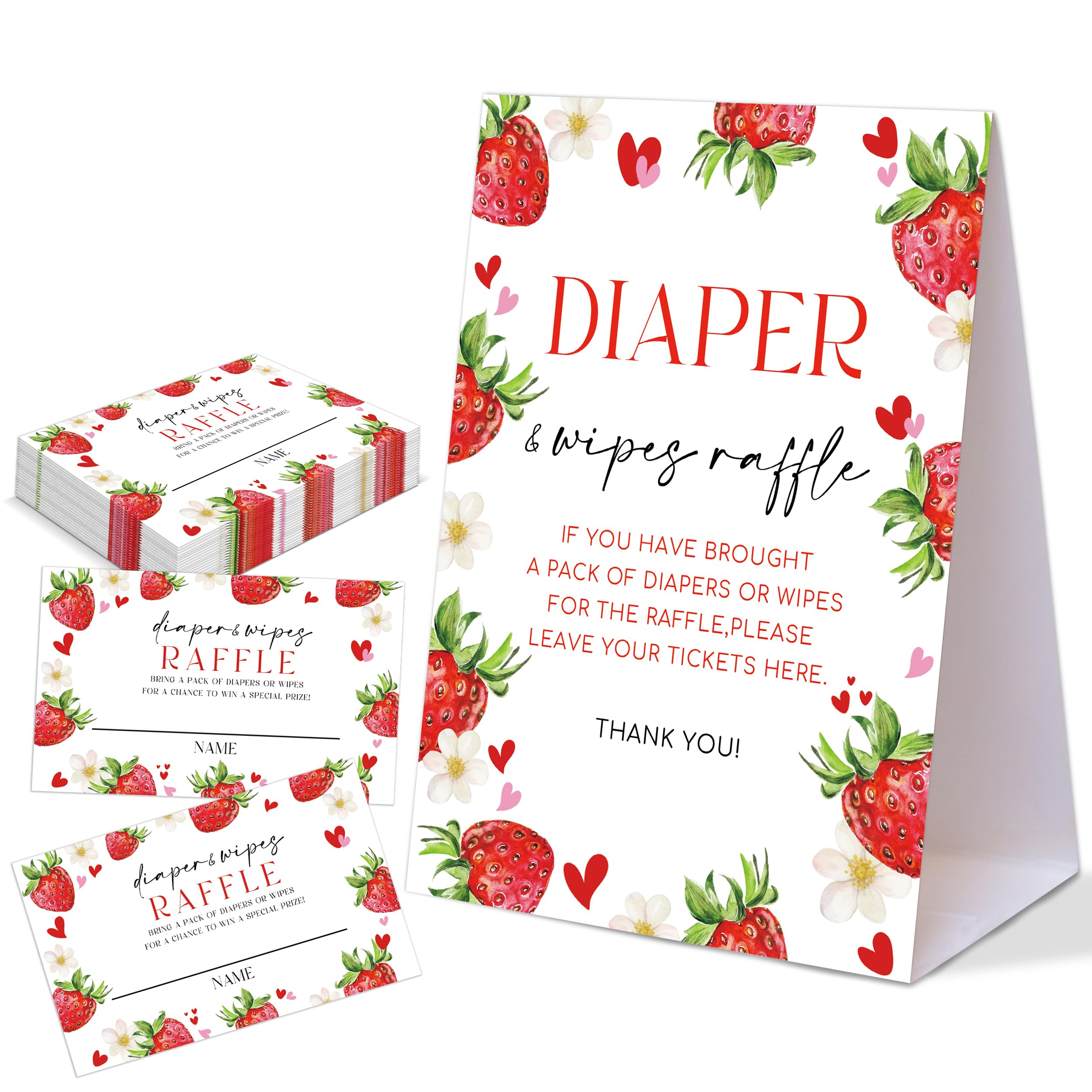 Strawberry Themed Baby Shower Games, Diaper & Wipes Raffle, Pack of 1 Tabletop Sign and 50 Diaper Raffle Tickets, Berry Sweet Baby Shower Decorations,