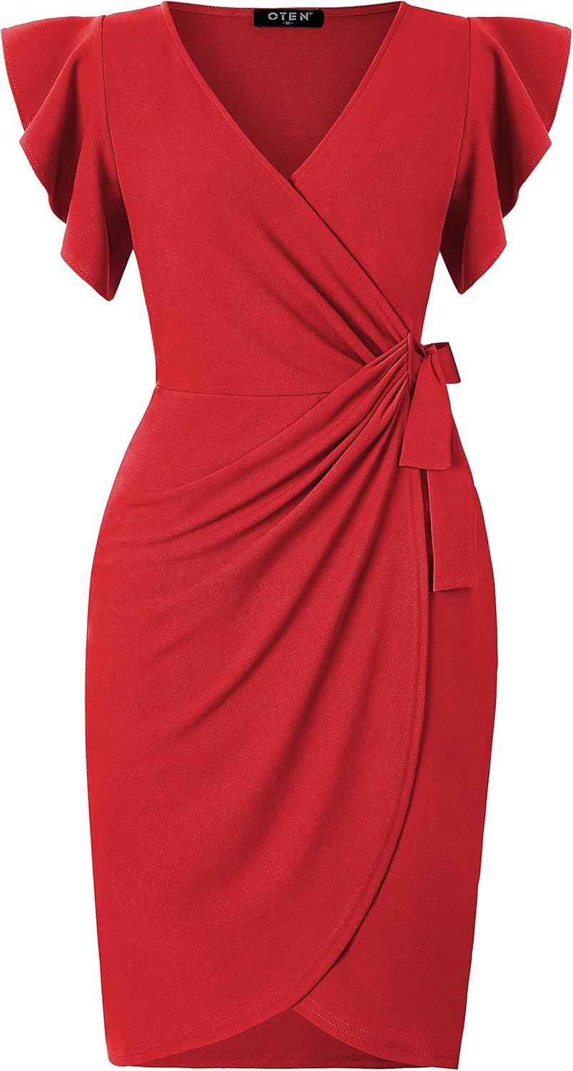 oten Womens Deep V Neck Ruffle Sleeve Sheath Casual Cocktail Party Work Faux Wrap Dress - Image 2