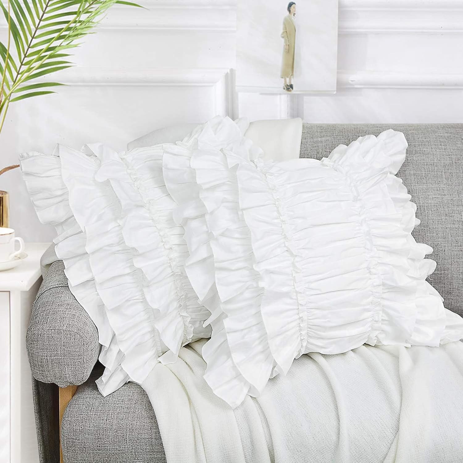 Helthep Boho Throw Pillow Covers 26×26 Inch Pack of 2 100% Washed Cotton Ethnic Bohemian Pompom Tassel Trimmed Ruffle Decorative Throw Pillows White and Black Pompom