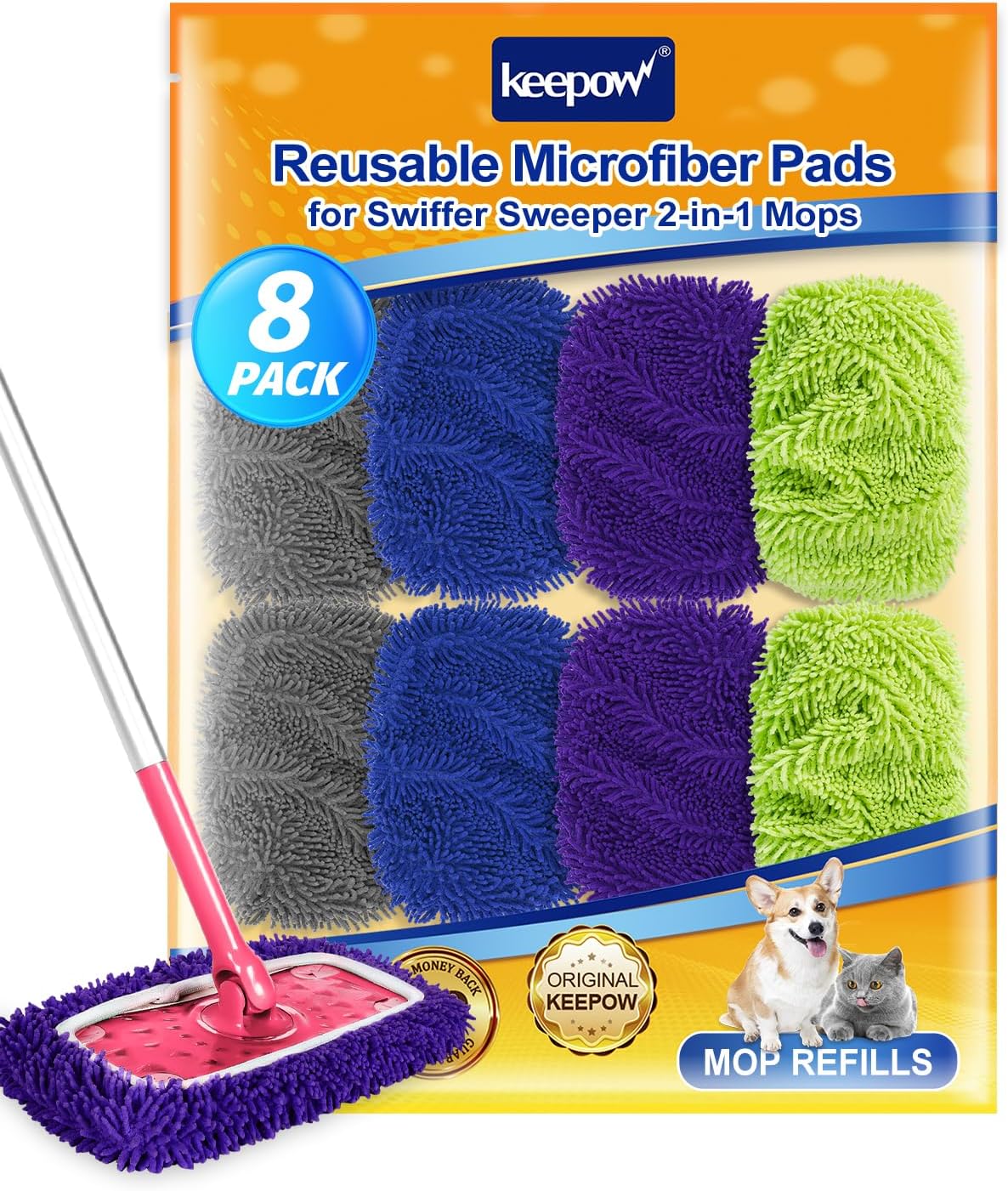 8Pcs Reusable Microfiber Mop Pads Compatible with Swiffer Sweeper Mop, Replacement Wet Mopping pad Refills & Washable Dry Sweeping Cloths for Surface/Hardwood Floor Cleaning