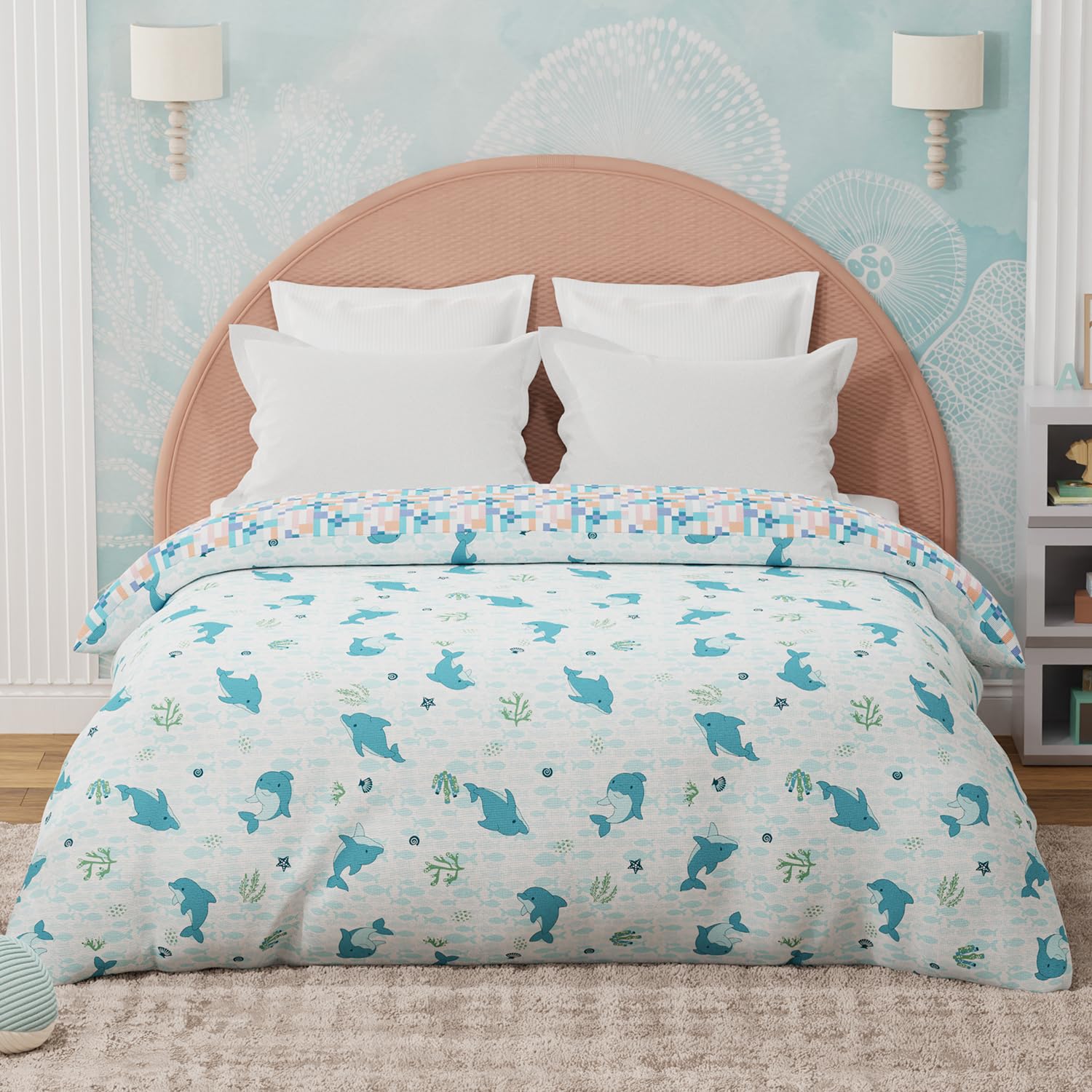 BOUTIQUE LIVING Rock N Room 100% Cotton 200 TC Blue & White Dolphin Printed Reversible Double Comforter-image-29