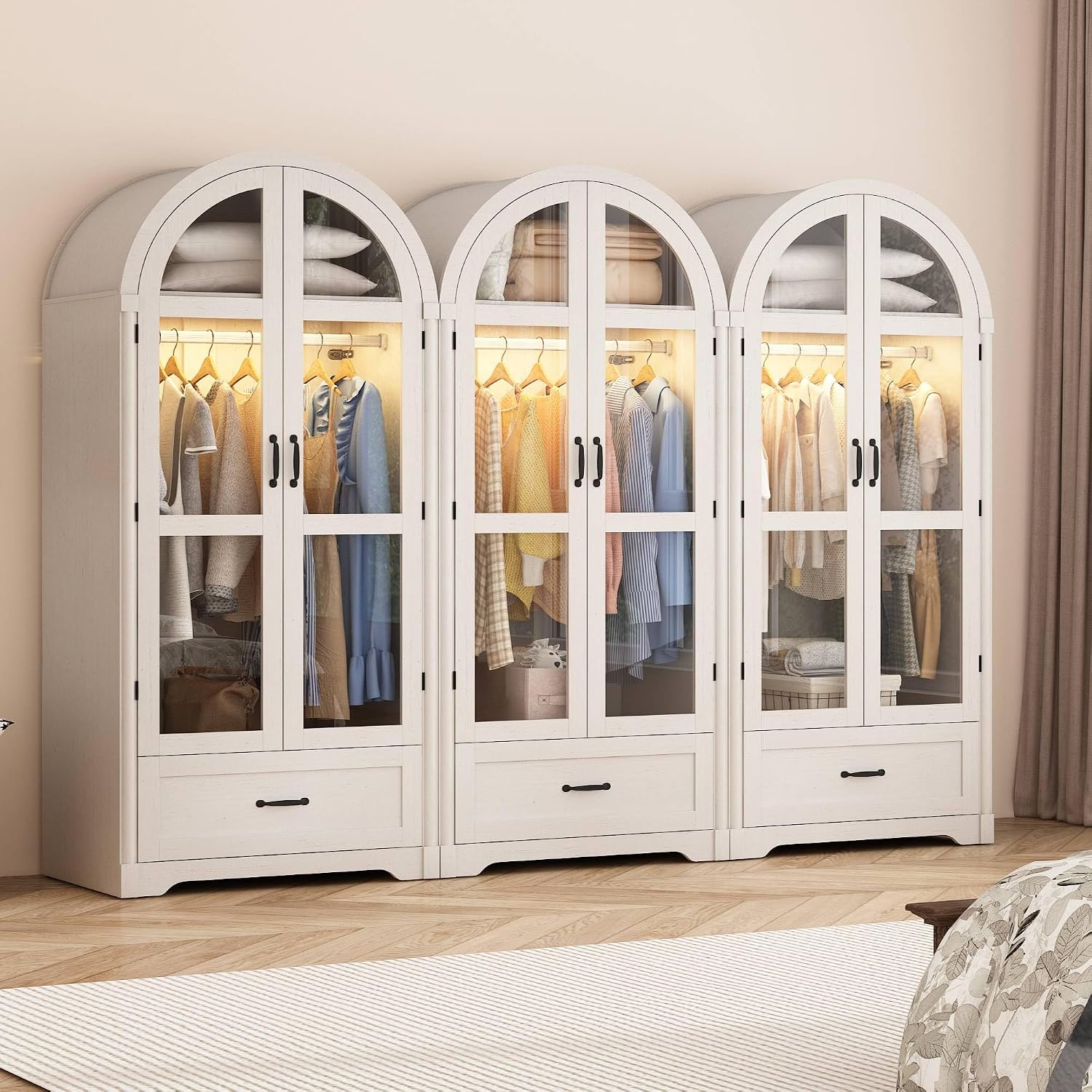 chartustriable 2 Doors Arched Armoire Wardrobe Closet w/Drawers,LED Light,Wooden Closet Wardrobe Cabinet with Hanging Rod for Bedroom,Modern Armoire Storage Cabinet w/Shelf,Antique White