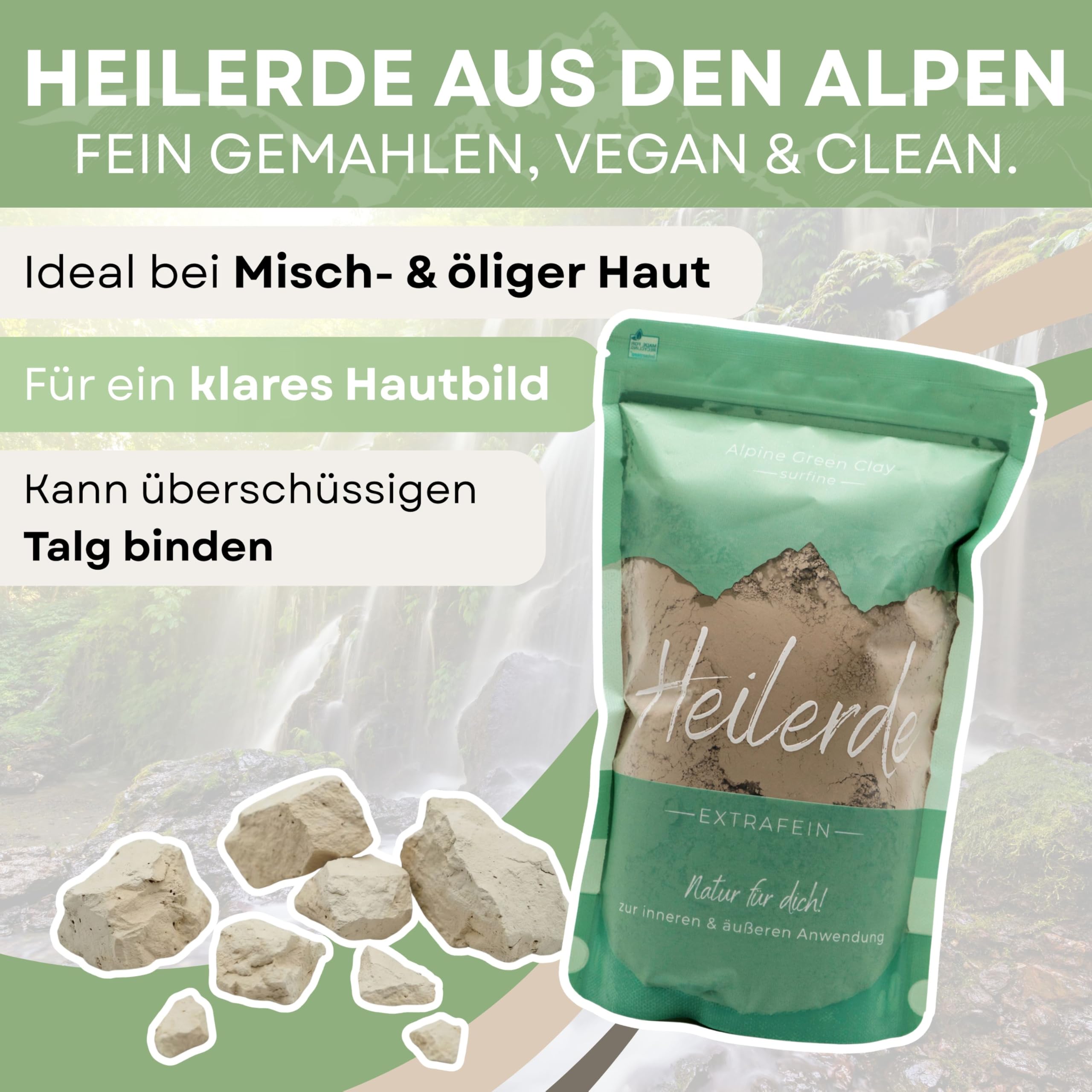 Zestaw masek z ziemi leczniczej – naturalna maska na twarz dla czystej skóry | ziemia lecznicza z Austrii + skórka + pędzelek do masek | wegańska, Clean Beauty i bez dodatków (zestaw naturalnych