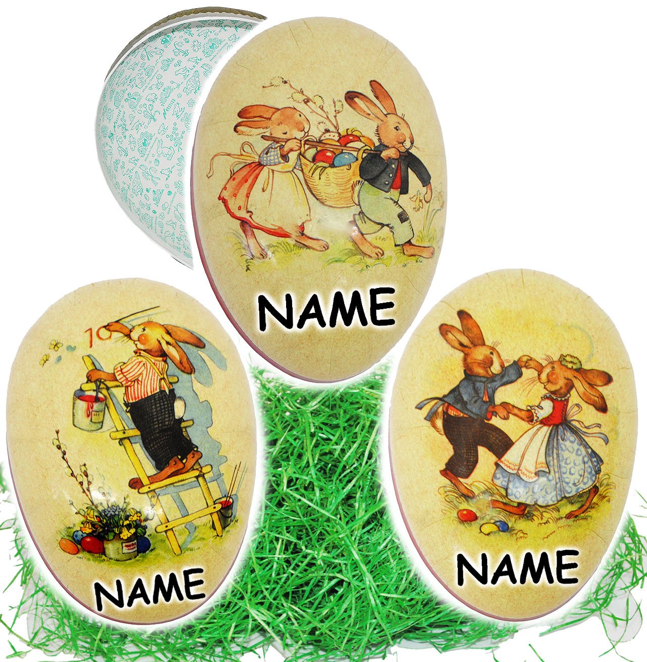 alles-meine.de GmbH Set Ostergras & 10 Füll - Pappeier 12 cm - süße Osterhasen - incl. Name - Osterei/Ei zum befüllen - Deko Pappe Papp Pappeier Dekoei Pappostereier Füll..
