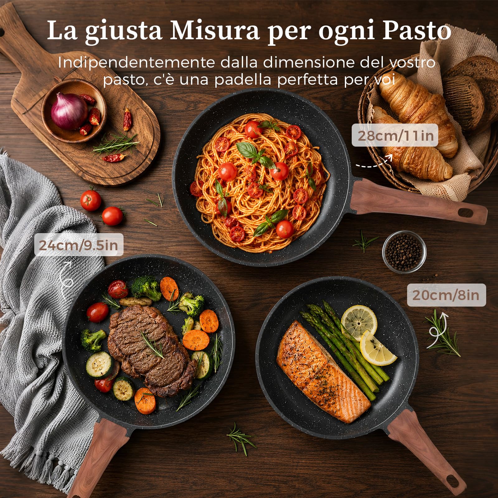 YASHE Set 3 Padelle Antiaderenti Effetto Granito(20/24/28cm), per Induzione | Set Padelle Premium per Friggere e Saltare, Non Tossico Senza PFOA, Compatibili con Tutti i Piani Cottura