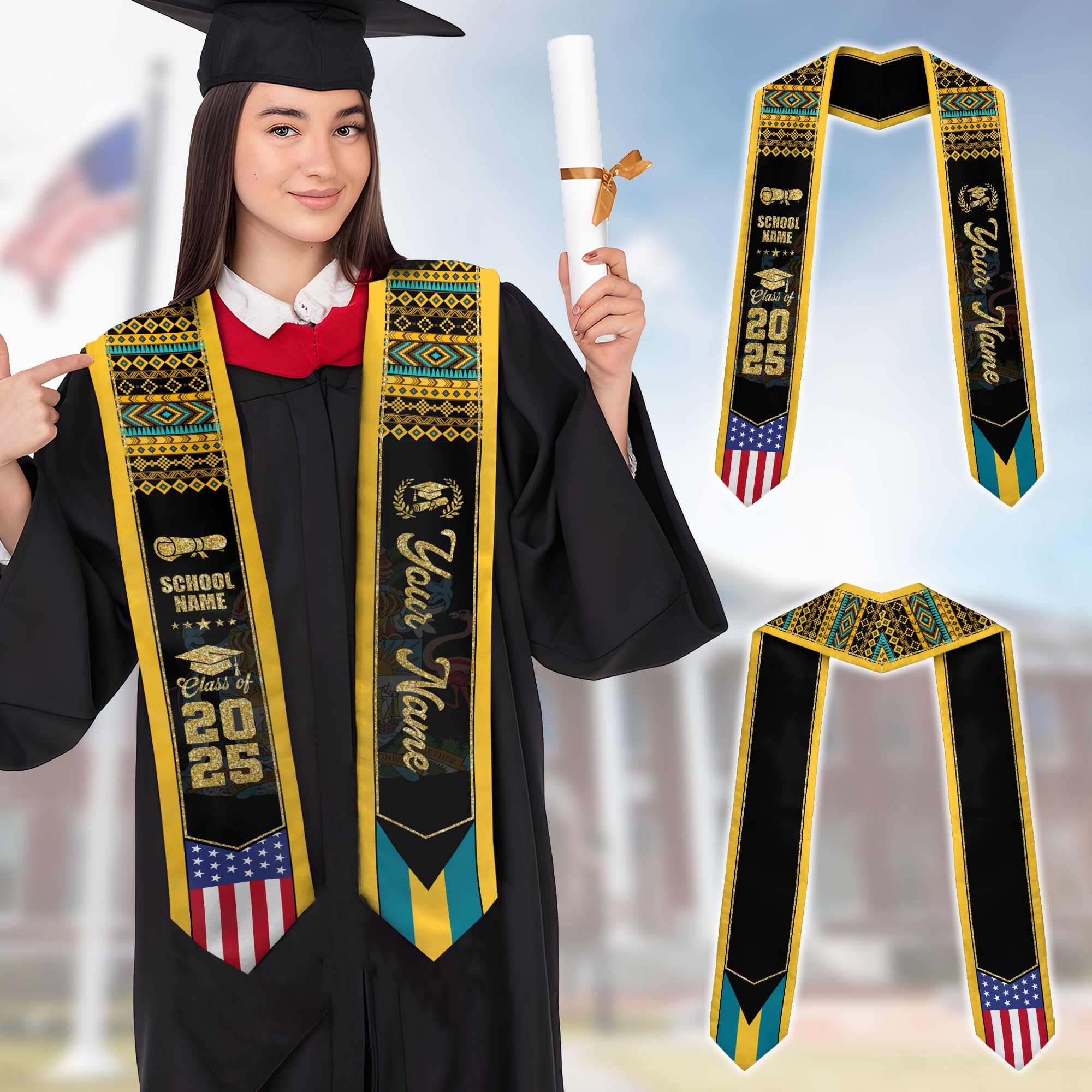MonkeyVan Personalized Bahamas Graduation Stole, Bahamian Graduation Sash, Bahamas Flag Graduation Stole, Class of 2025 Bhm6
