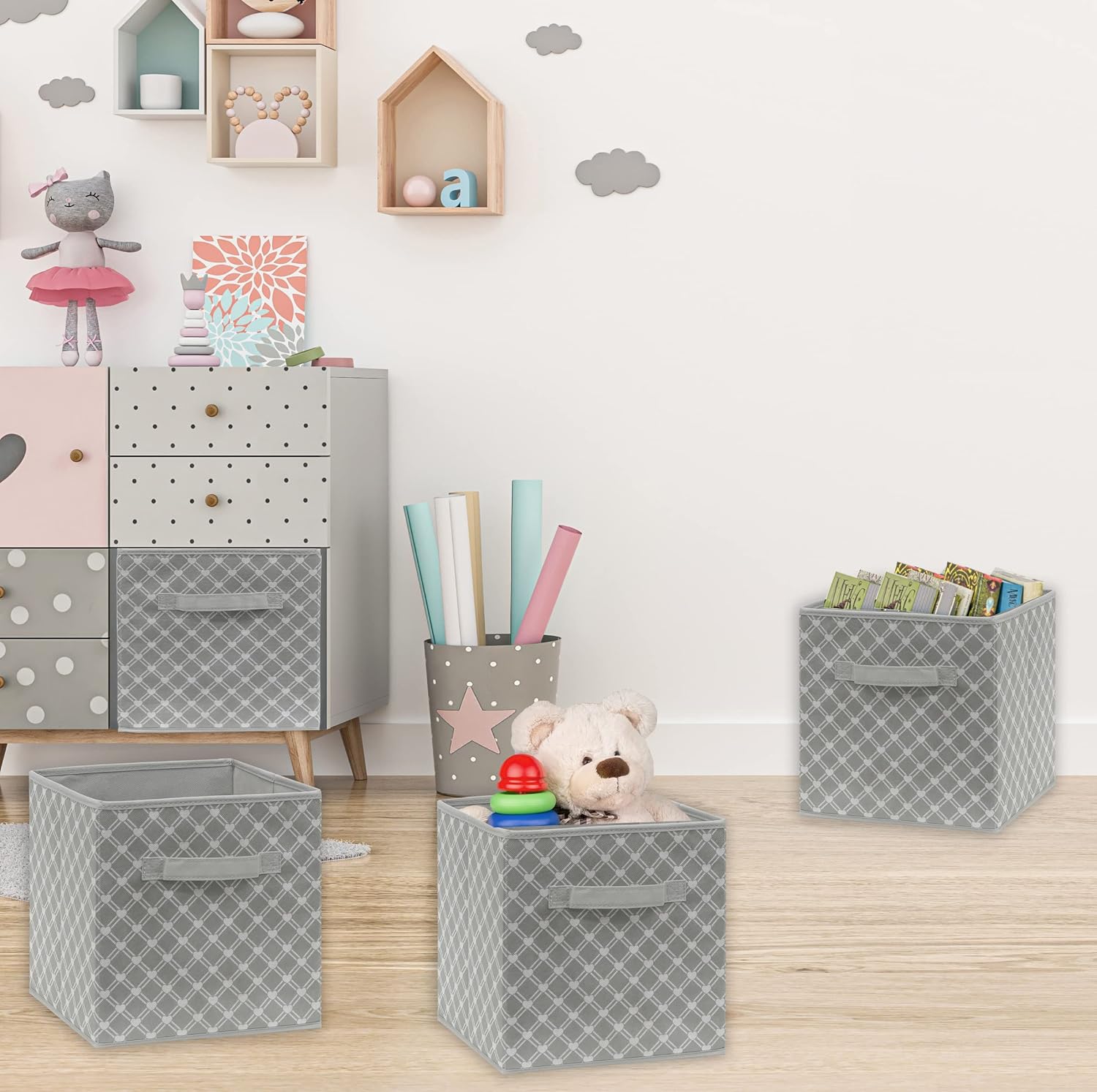 SimpleHouseware Fabric Cube Storage Bins Foldable Organizer, Geometric Grey, Set of 6
