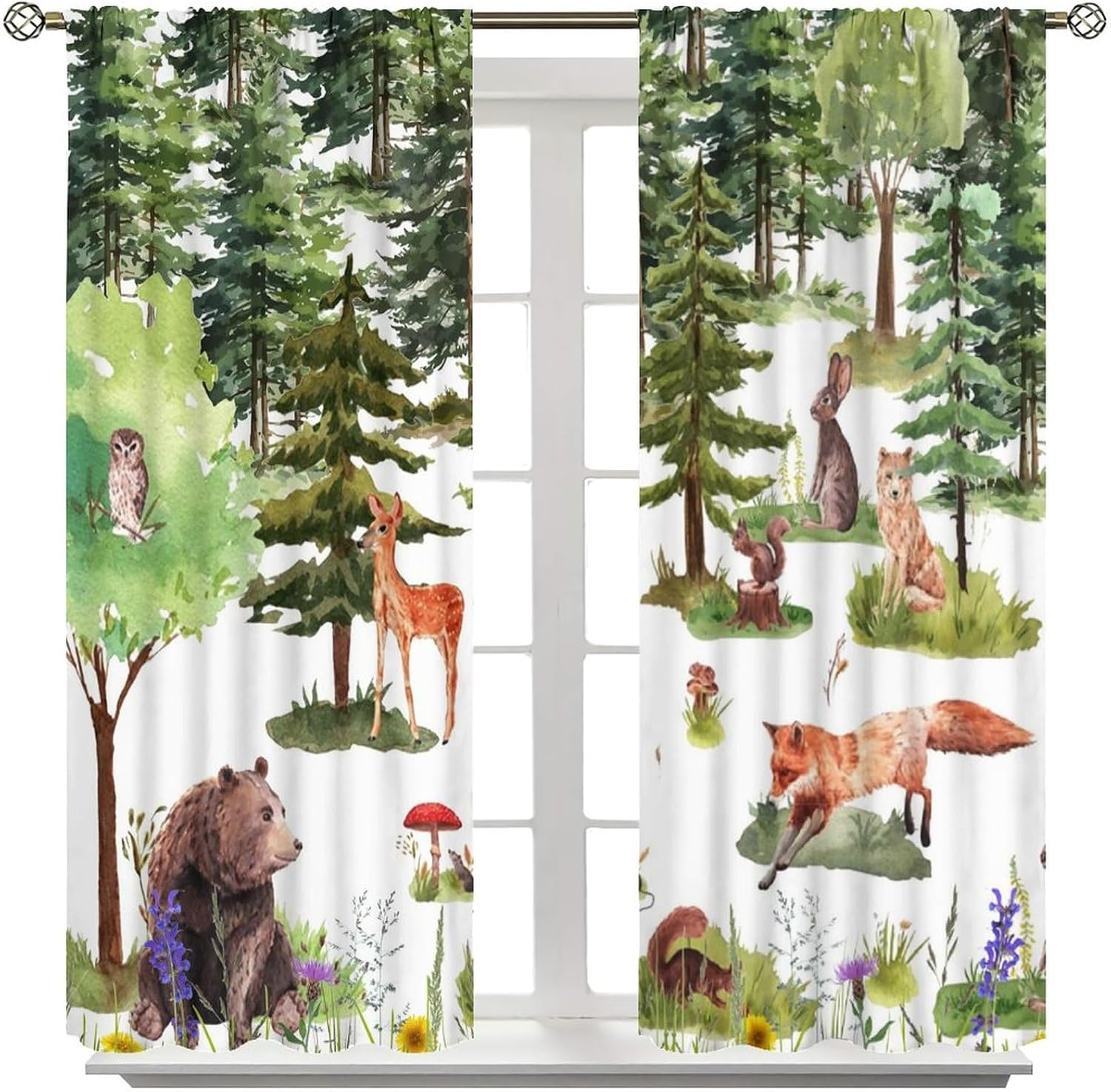 Rustic Forest Animals Blackout Curtains for Living Room,Watercolor Lodge Cabin Woodland Cartoon Animal Bear Deer Fox Room Darkening Window Curtains with Rod Pocket - 2 Panels 63" L x 36" W