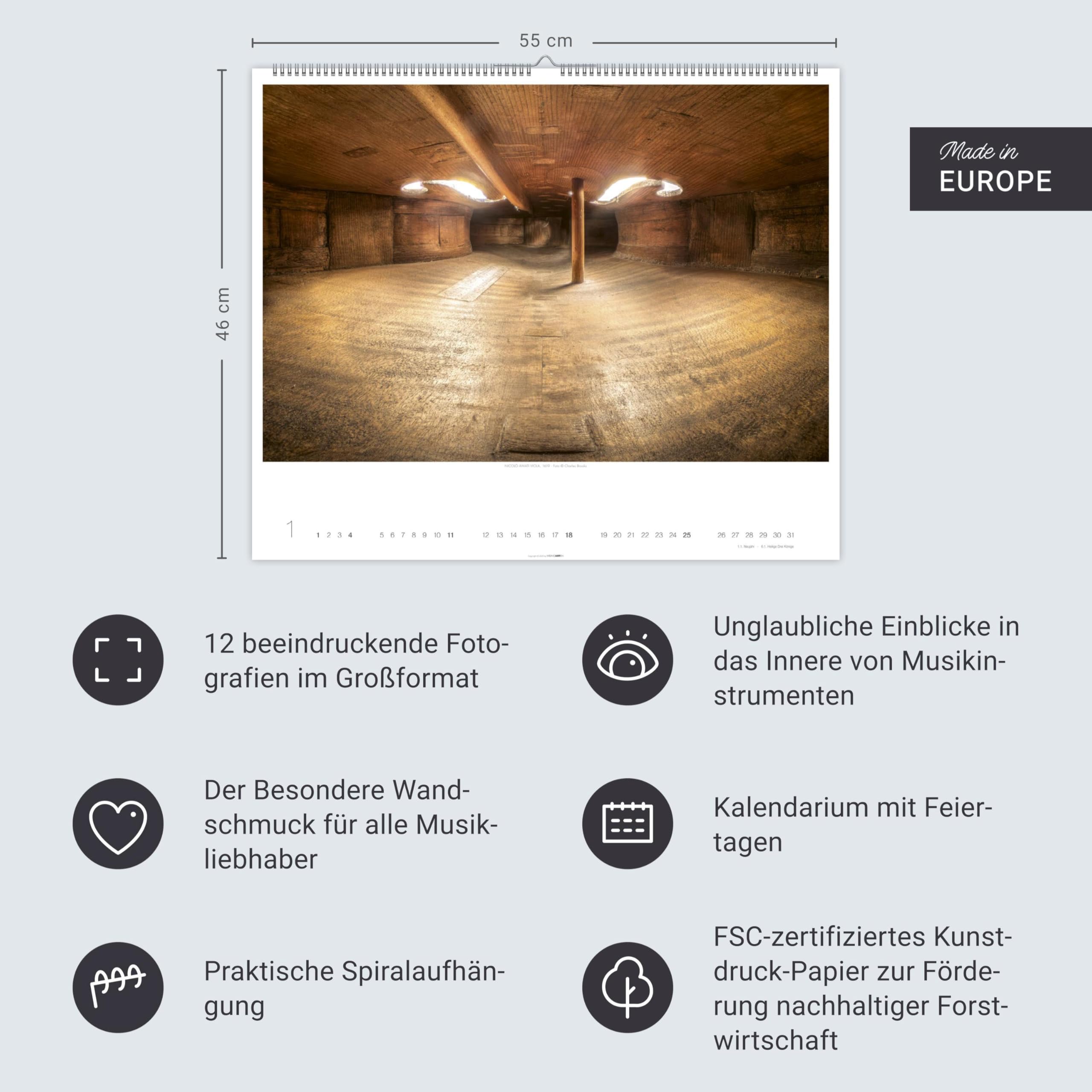 Architecture in Music Kalender 2026 - Musikinstrumente von innen: Charles Brooks‘ Fotokunst in einem großen Wandkalender, der neue Perspektiven eröffnet. Querformat 55 x 46 cm