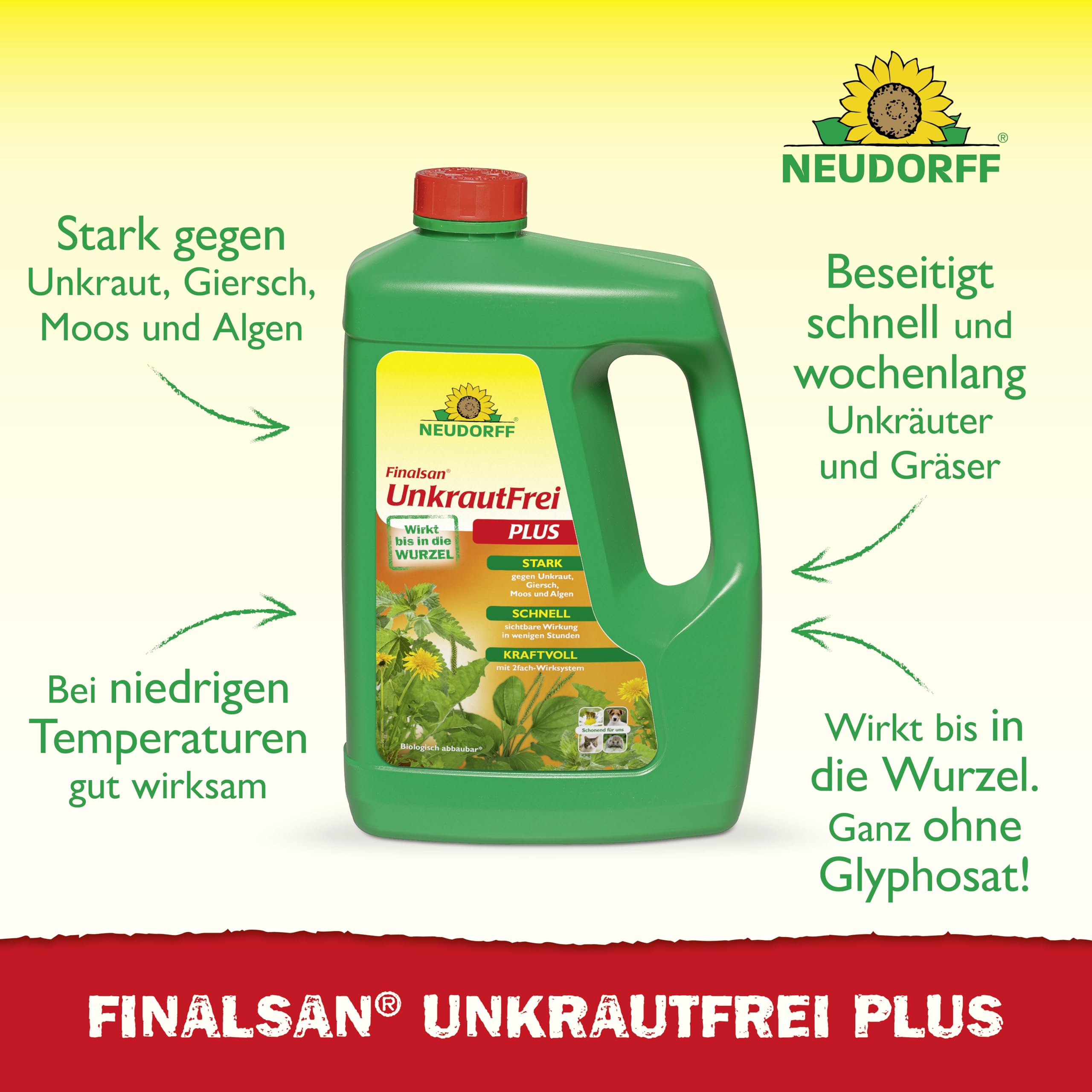Neudorff Finalsan UnkrautFrei Plus – Kraftvoller, schnell wirkender Unkrautvernichter, der bis in die Wurzel wirkt. Konzentrat für 450 m², 2,5 Liter
